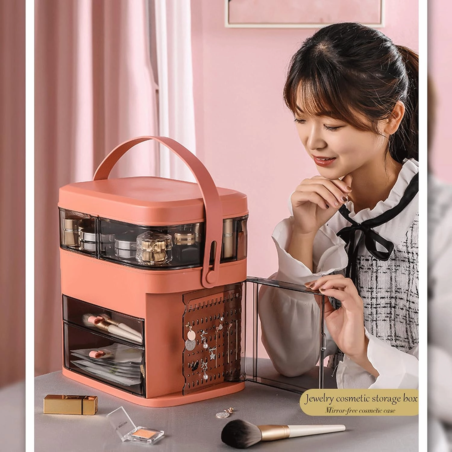 N A Makeup Organizer, Make Up Case Cosmetic Dustproof Waterproof Makeup Storage Box with Led Light Mirror Cosmetic Organiser Makeup Organiser Storage Case