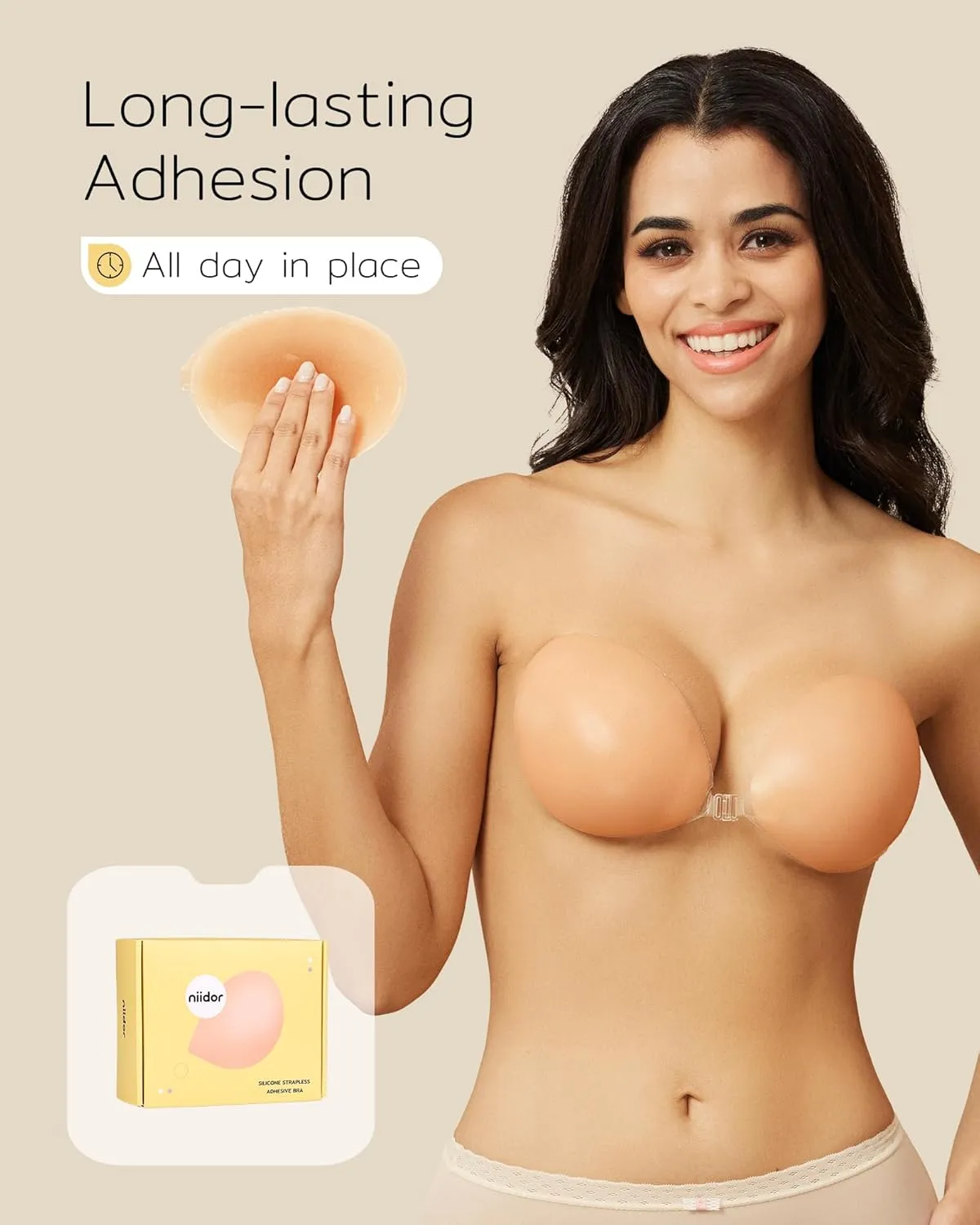 Niidor Adhesive Strapless Bra for Women Sticky Invisible Push up Silicone Bra for Backless Dress 2025 Upgraded Clasp Bras