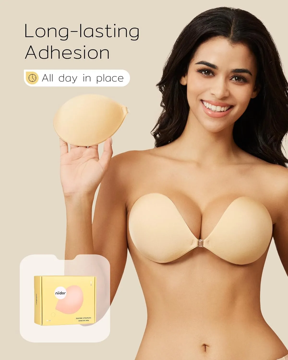 Niidor Adhesive Strapless Bra for Women Sticky Invisible Push up Silicone Bra for Backless Dress 2025 Upgraded Clasp Bras