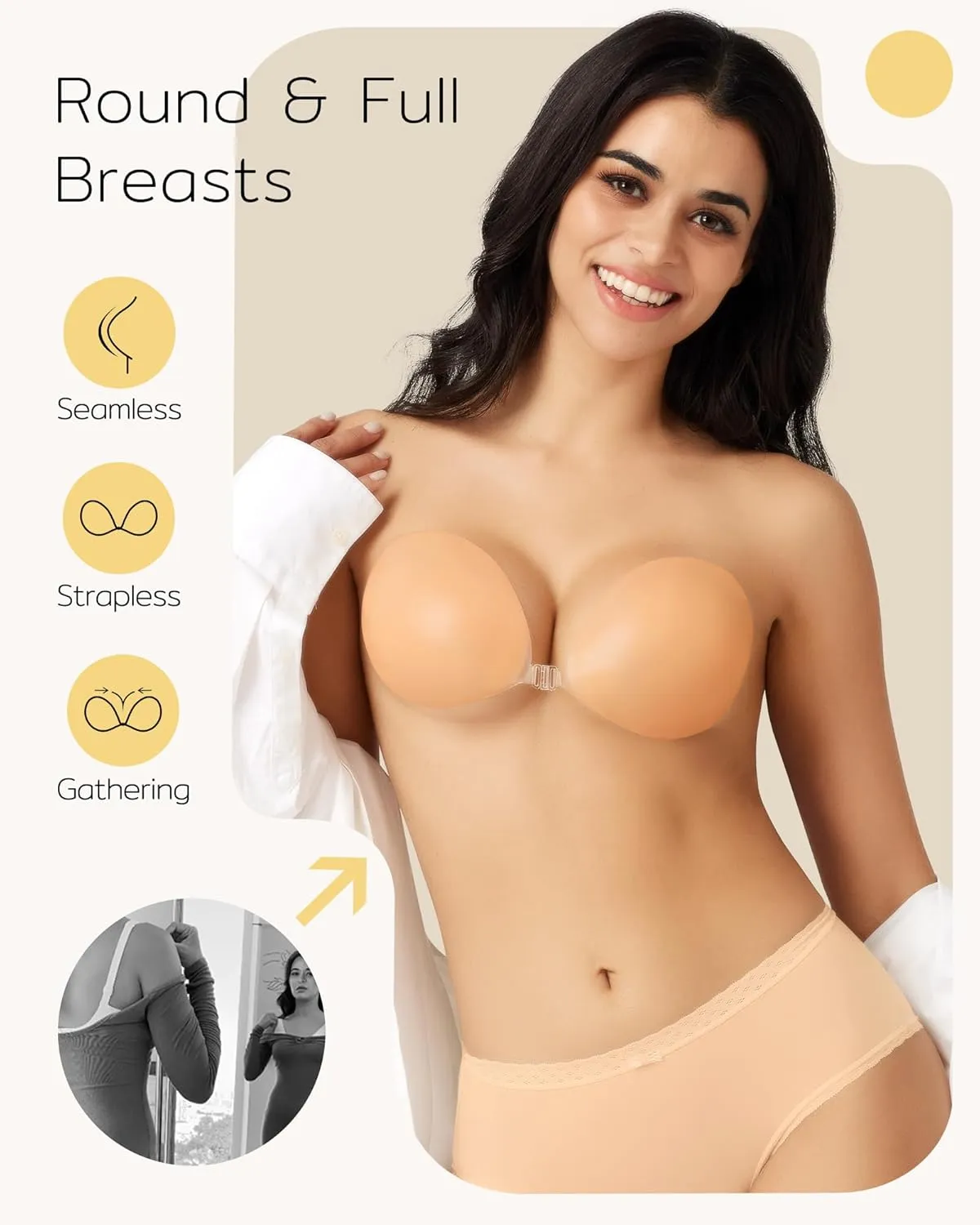 Niidor Adhesive Strapless Bra for Women Sticky Invisible Push up Silicone Bra for Backless Dress 2025 Upgraded Clasp Bras