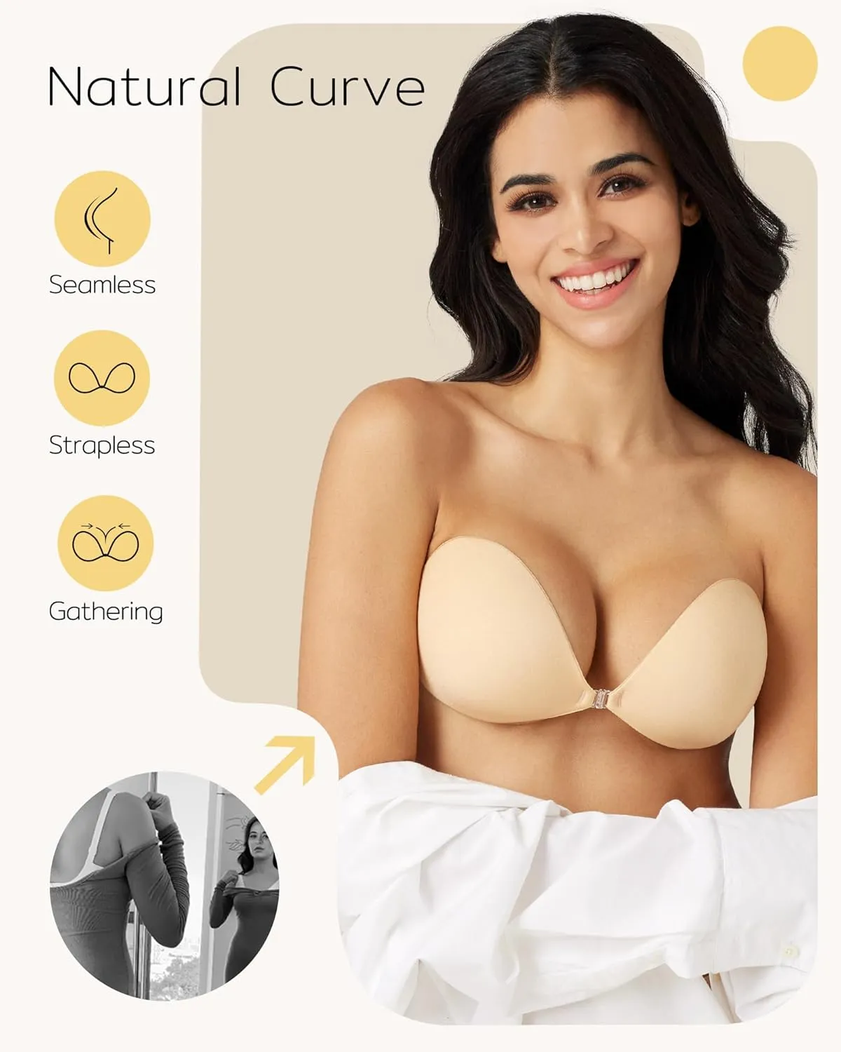 Niidor Adhesive Strapless Bra for Women Sticky Invisible Push up Silicone Bra for Backless Dress 2025 Upgraded Clasp Bras