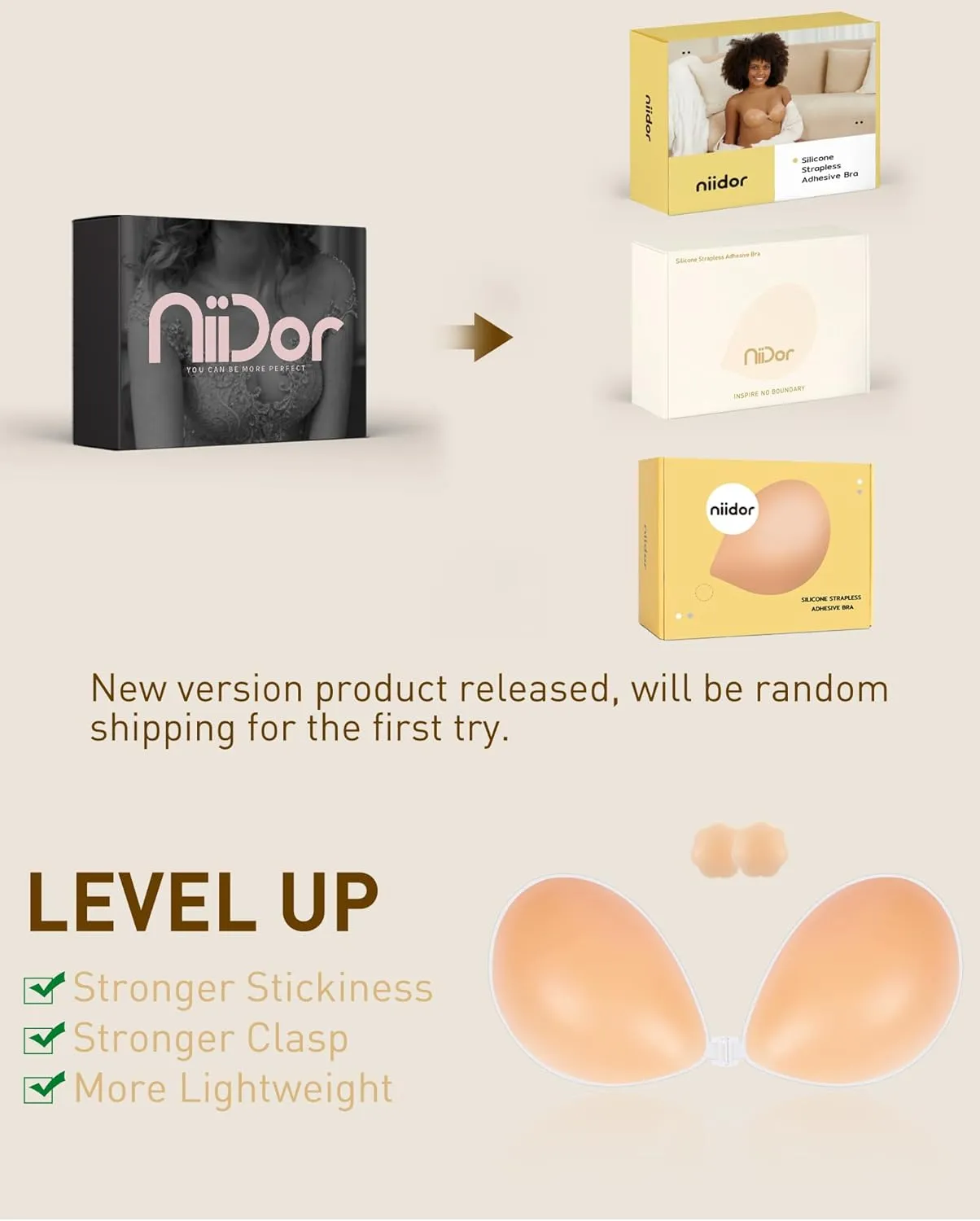 Niidor Adhesive Strapless Bra for Women Sticky Invisible Push up Silicone Bra for Backless Dress 2025 Upgraded Clasp Bras