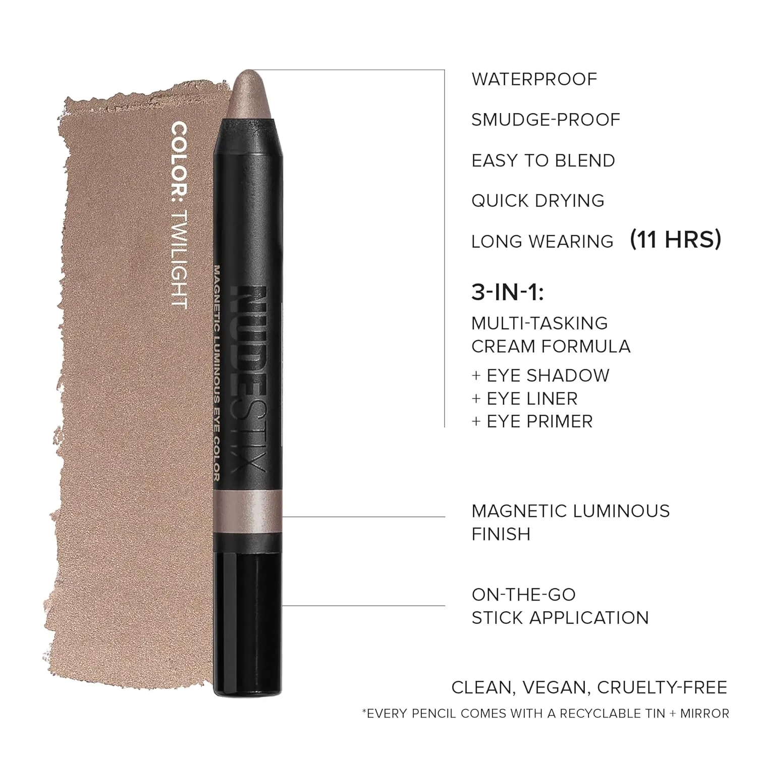 Nudestix Magnetic Luminous Eye Color Pencil, Eyeshadow   Eyeliner   Eyelid Primer   Highlighter Stick, Satin Finish Cream Makeup, Long Lasting, Waterproof