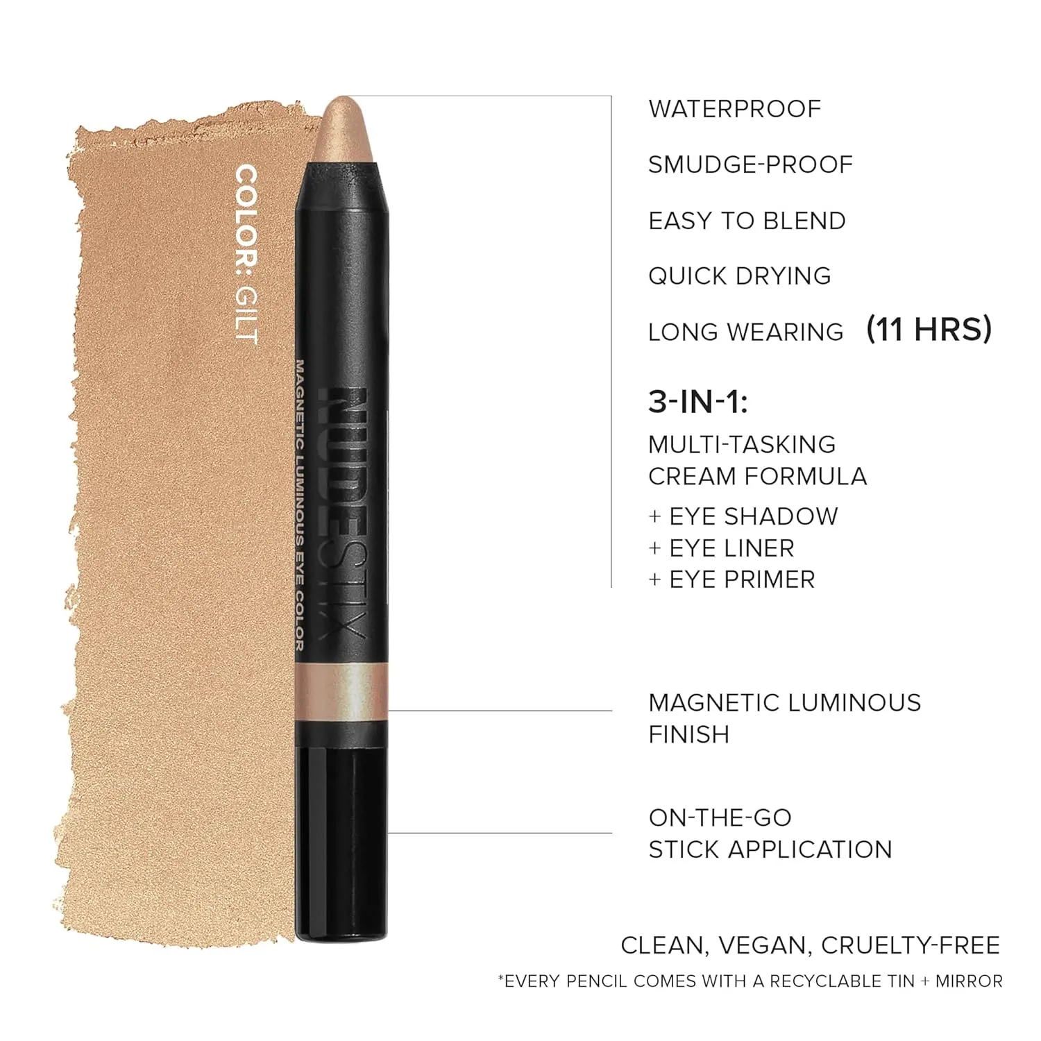 Nudestix Magnetic Luminous Eye Color Pencil, Eyeshadow   Eyeliner   Eyelid Primer   Highlighter Stick, Satin Finish Cream Makeup, Long Lasting, Waterproof