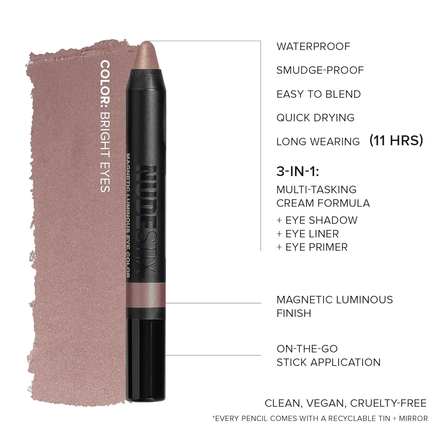 Nudestix Magnetic Luminous Eye Color Pencil, Eyeshadow   Eyeliner   Eyelid Primer   Highlighter Stick, Satin Finish Cream Makeup, Long Lasting, Waterproof