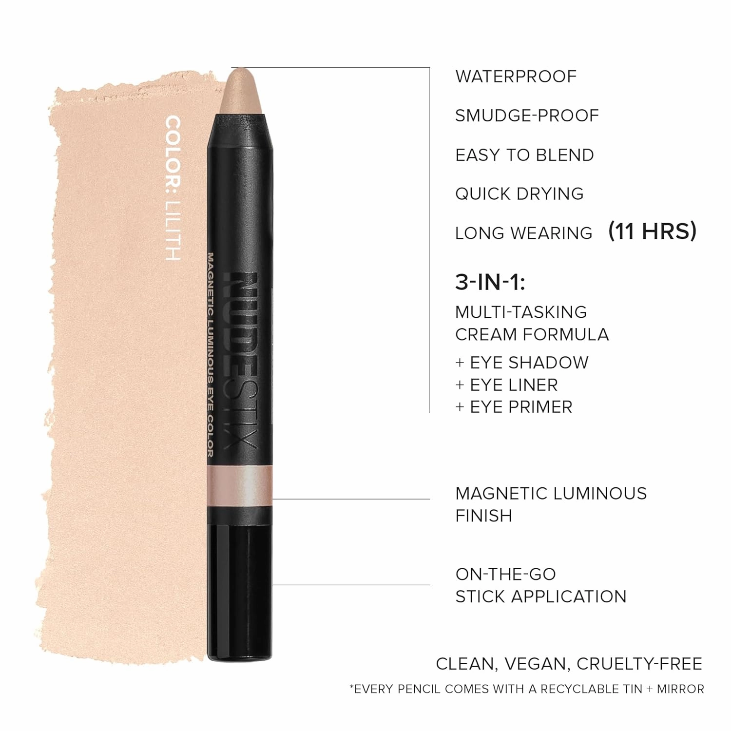 Nudestix Magnetic Luminous Eye Color Pencil, Eyeshadow   Eyeliner   Eyelid Primer   Highlighter Stick, Satin Finish Cream Makeup, Long Lasting, Waterproof