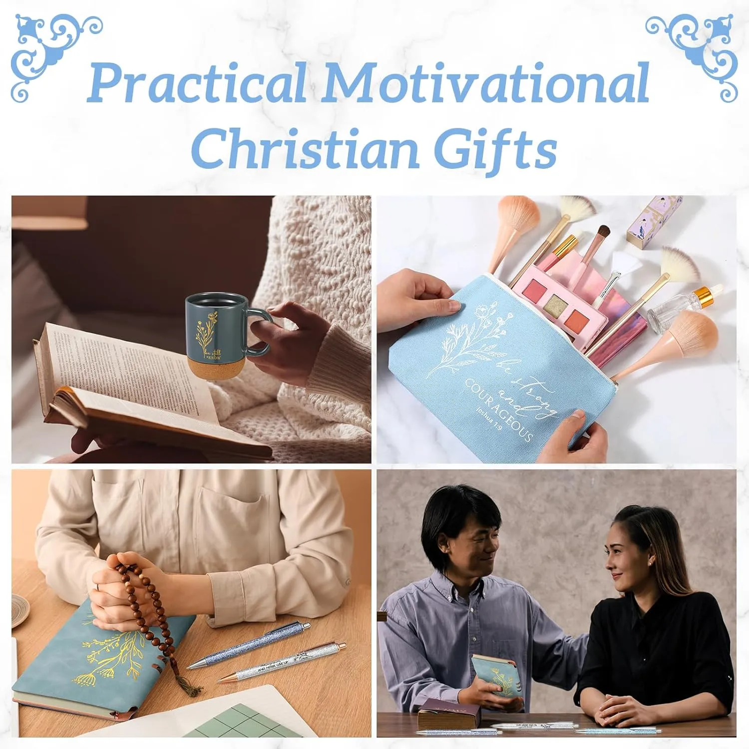 Nuogo 7 Pcs Christian Gifts for Women Teacher Graduation Aesthetic Coffee Mug Inspirational Religious Makeup Bag A6 Leather Journal Pens for Pastor Wife Church Sunday School Godmother Grandma(Blue)