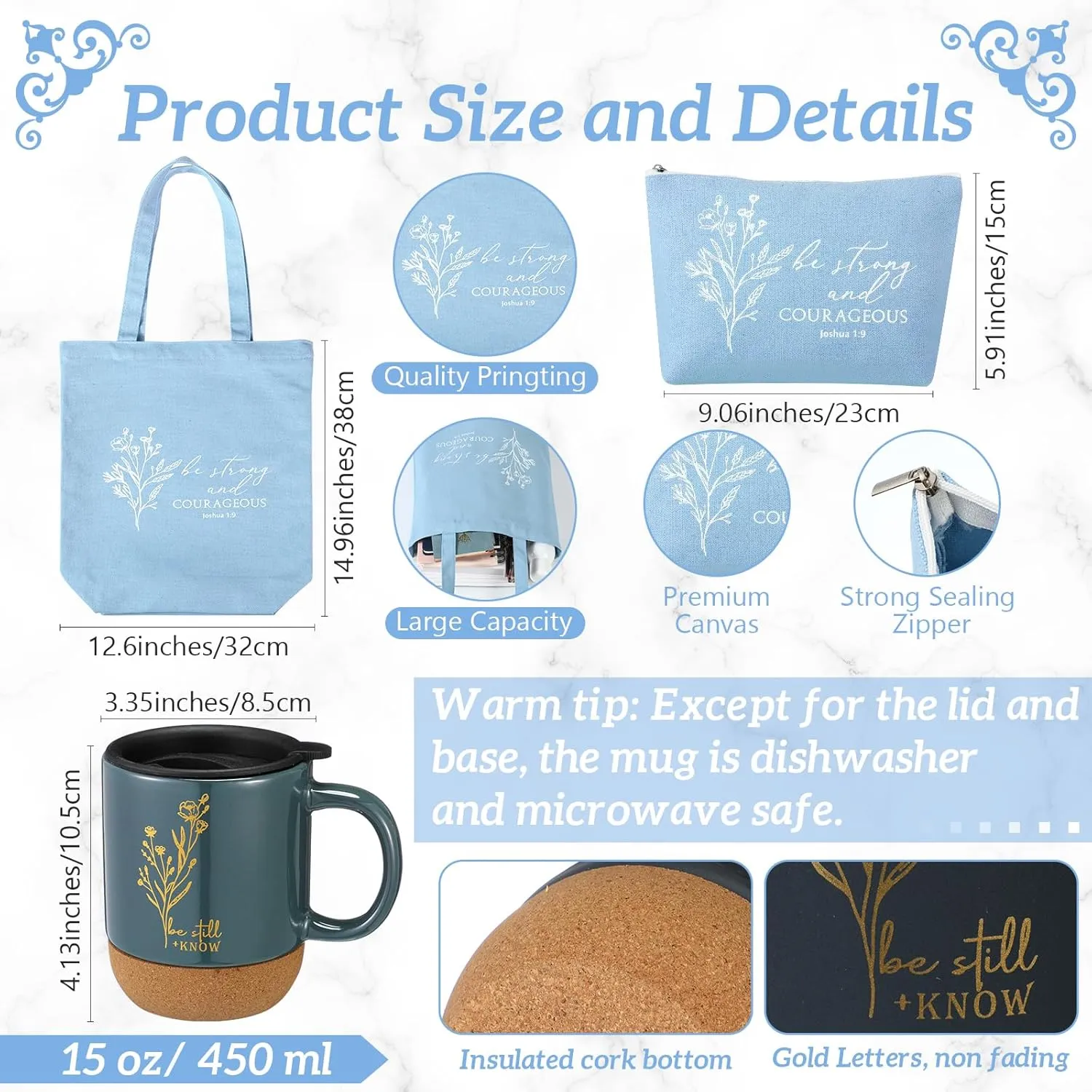 Nuogo 7 Pcs Christian Gifts for Women Teacher Graduation Aesthetic Coffee Mug Inspirational Religious Makeup Bag A6 Leather Journal Pens for Pastor Wife Church Sunday School Godmother Grandma(Blue)