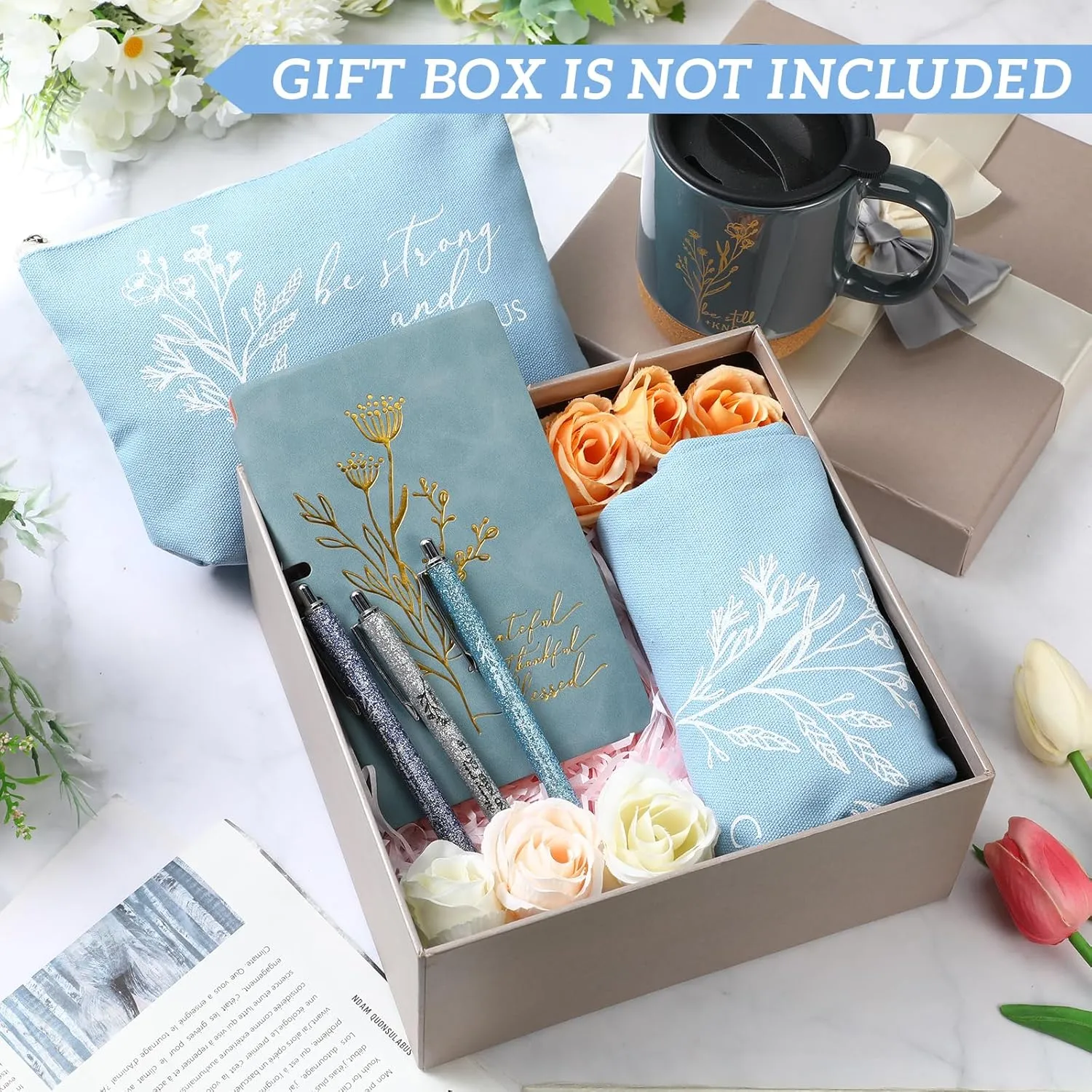 Nuogo 7 Pcs Christian Gifts for Women Teacher Graduation Aesthetic Coffee Mug Inspirational Religious Makeup Bag A6 Leather Journal Pens for Pastor Wife Church Sunday School Godmother Grandma(Blue)