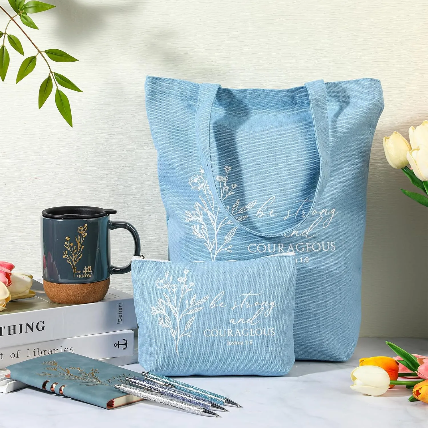 Nuogo 7 Pcs Christian Gifts for Women Teacher Graduation Aesthetic Coffee Mug Inspirational Religious Makeup Bag A6 Leather Journal Pens for Pastor Wife Church Sunday School Godmother Grandma(Blue)