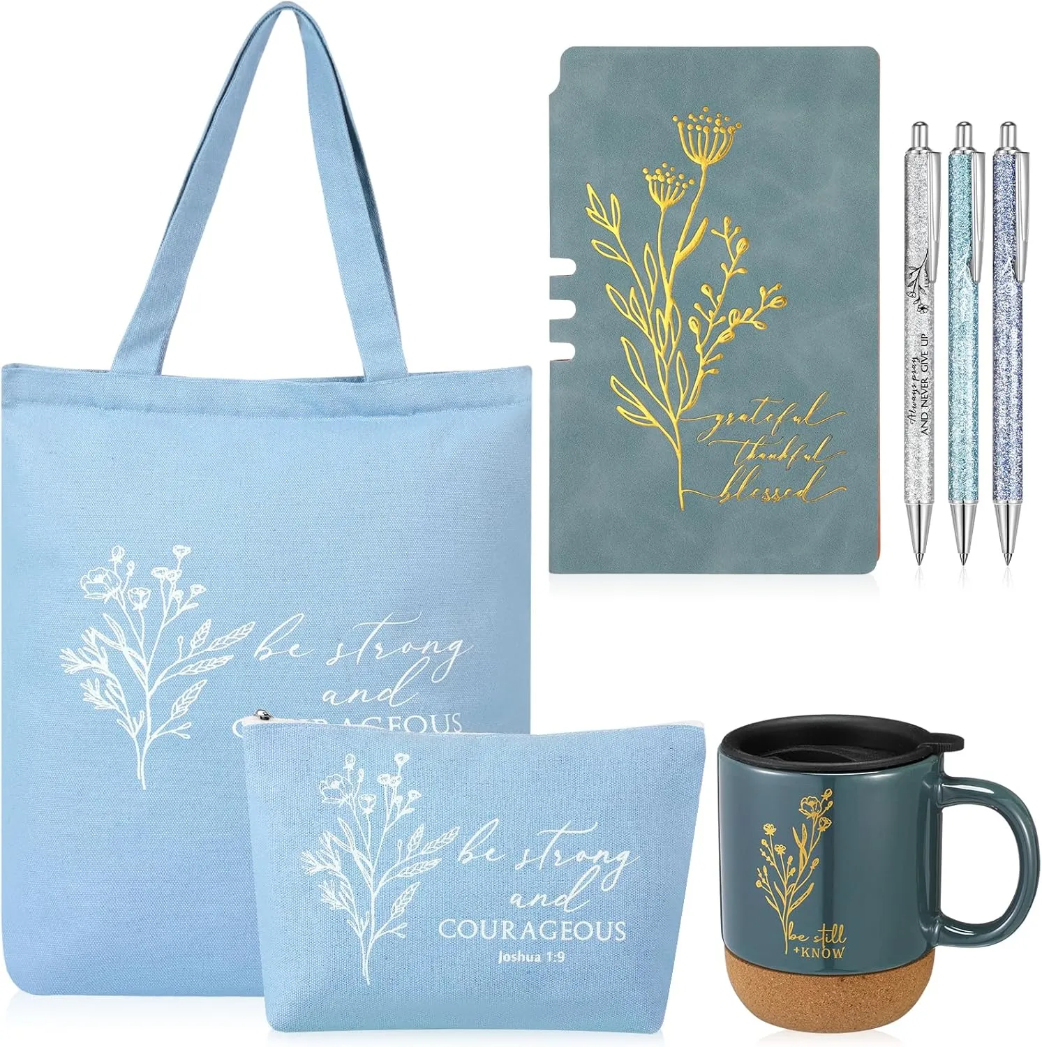 Nuogo 7 Pcs Christian Gifts for Women Teacher Graduation Aesthetic Coffee Mug Inspirational Religious Makeup Bag A6 Leather Journal Pens for Pastor Wife Church Sunday School Godmother Grandma(Blue)