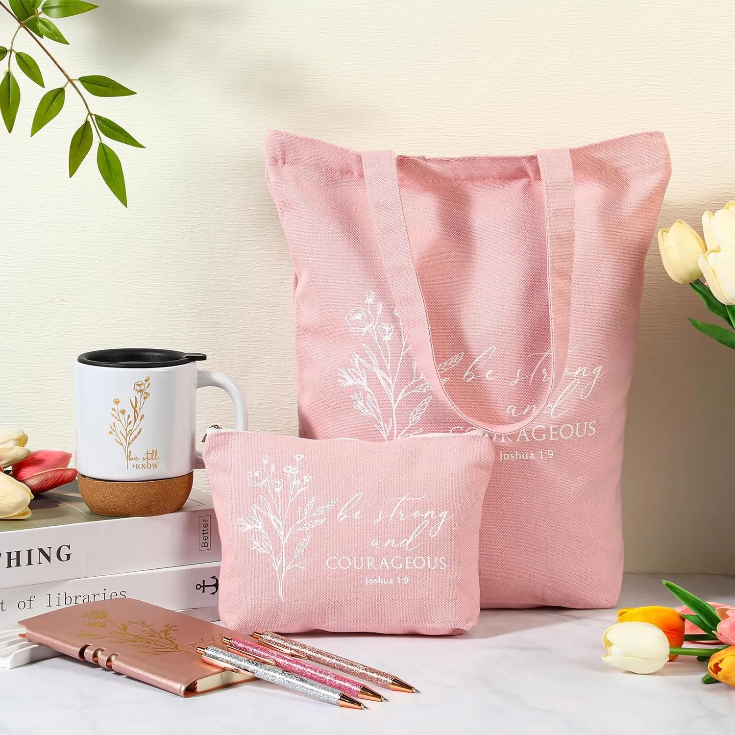 Nuogo 7 Pcs Christian Gifts for Women Teacher Graduation Aesthetic Coffee Mug Inspirational Religious Makeup Bag A6 Leather Journal Pens for Pastor Wife Church Sunday School Godmother Grandma(White)