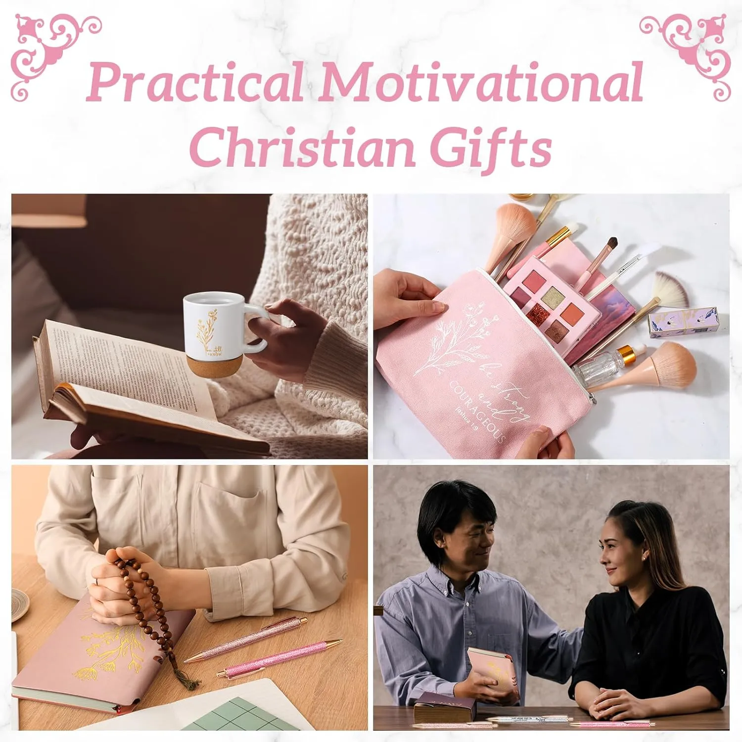 Nuogo 7 Pcs Christian Gifts for Women Teacher Graduation Aesthetic Coffee Mug Inspirational Religious Makeup Bag A6 Leather Journal Pens for Pastor Wife Church Sunday School Godmother Grandma(White)