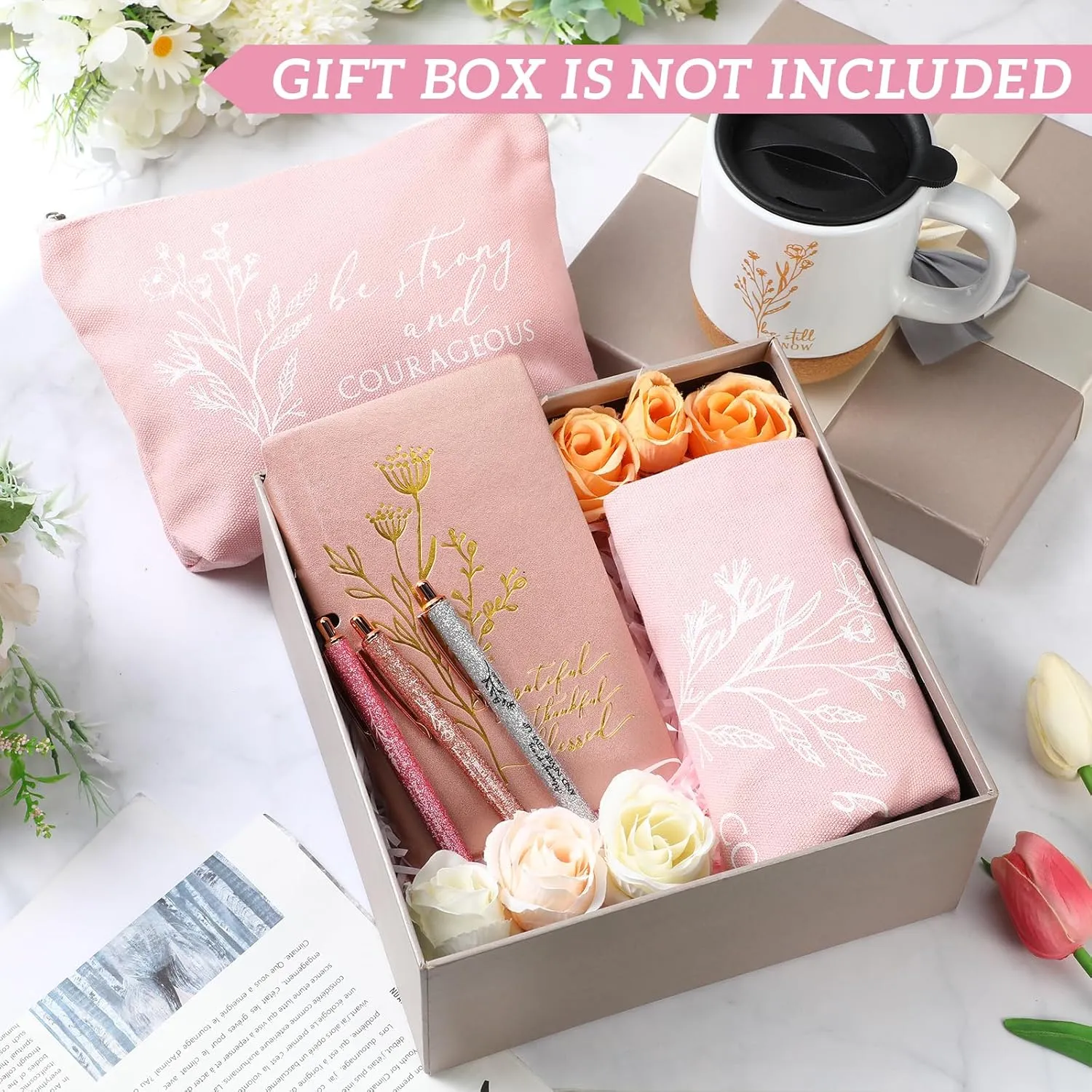 Nuogo 7 Pcs Christian Gifts for Women Teacher Graduation Aesthetic Coffee Mug Inspirational Religious Makeup Bag A6 Leather Journal Pens for Pastor Wife Church Sunday School Godmother Grandma(White)