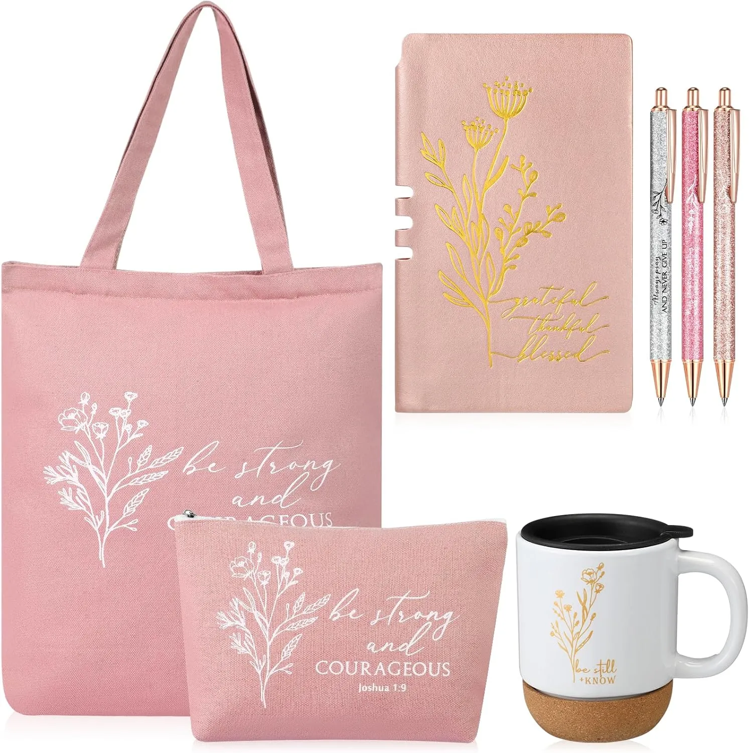 Nuogo 7 Pcs Christian Gifts for Women Teacher Graduation Aesthetic Coffee Mug Inspirational Religious Makeup Bag A6 Leather Journal Pens for Pastor Wife Church Sunday School Godmother Grandma(White)
