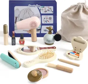 OESSUF Kids Makeup Kit for Girl, Wooden Makeup Toy Set for Toddlers, Pretend Wood Beauty Salon Toys Set for Kid Children Princess, Christmas Birthday Gift Toy for 3 4 5 6 7 8 9 10 Year Old