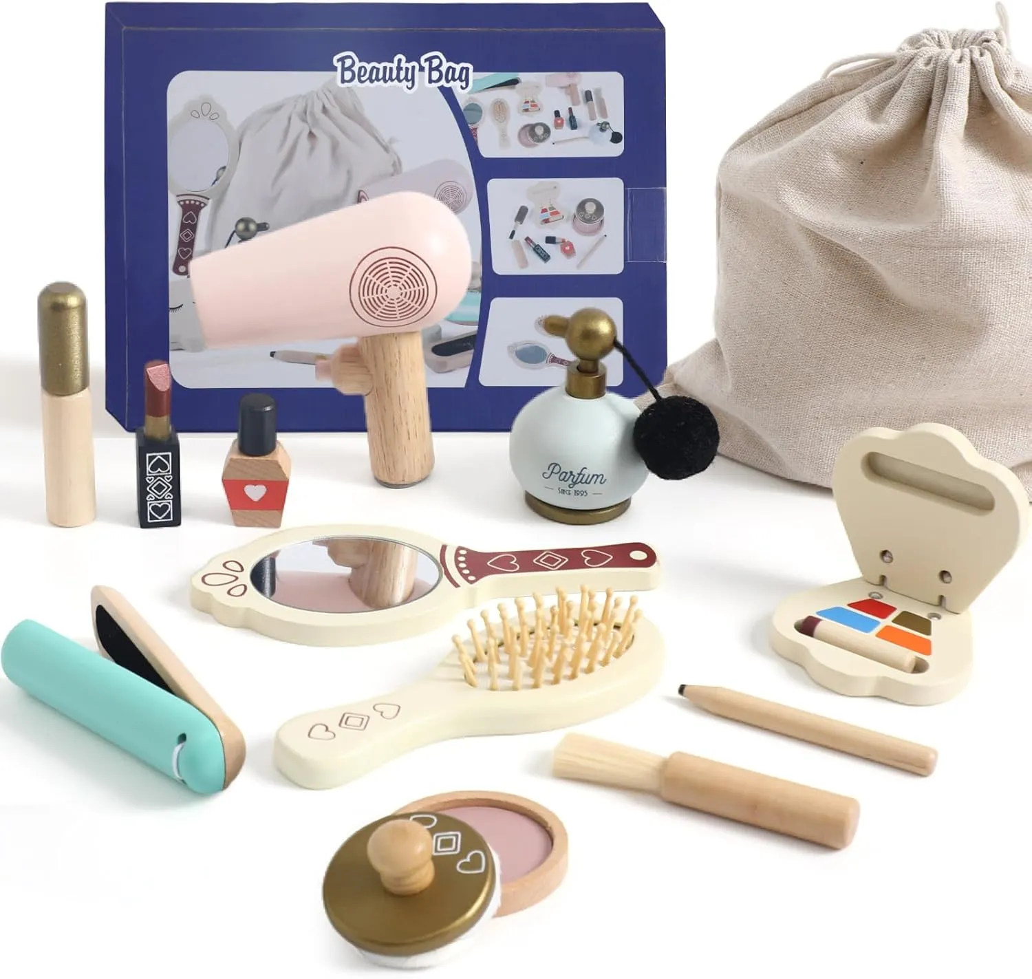 OESSUF Kids Makeup Kit for Girl, Wooden Makeup Toy Set for Toddlers, Pretend Wood Beauty Salon Toys Set for Kid Children Princess, Christmas Birthday Gift Toy for 3 4 5 6 7 8 9 10 Year Old