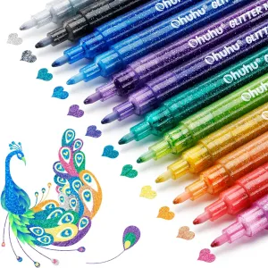 Ohuhu Glitter Markers Pen: 12 Glitter Colors Metallic Shimmer Marker Fine Tip Water-based Ink for Kids Adults DIY Crafts Greeting Birthday Cards Making Mugs Wood
