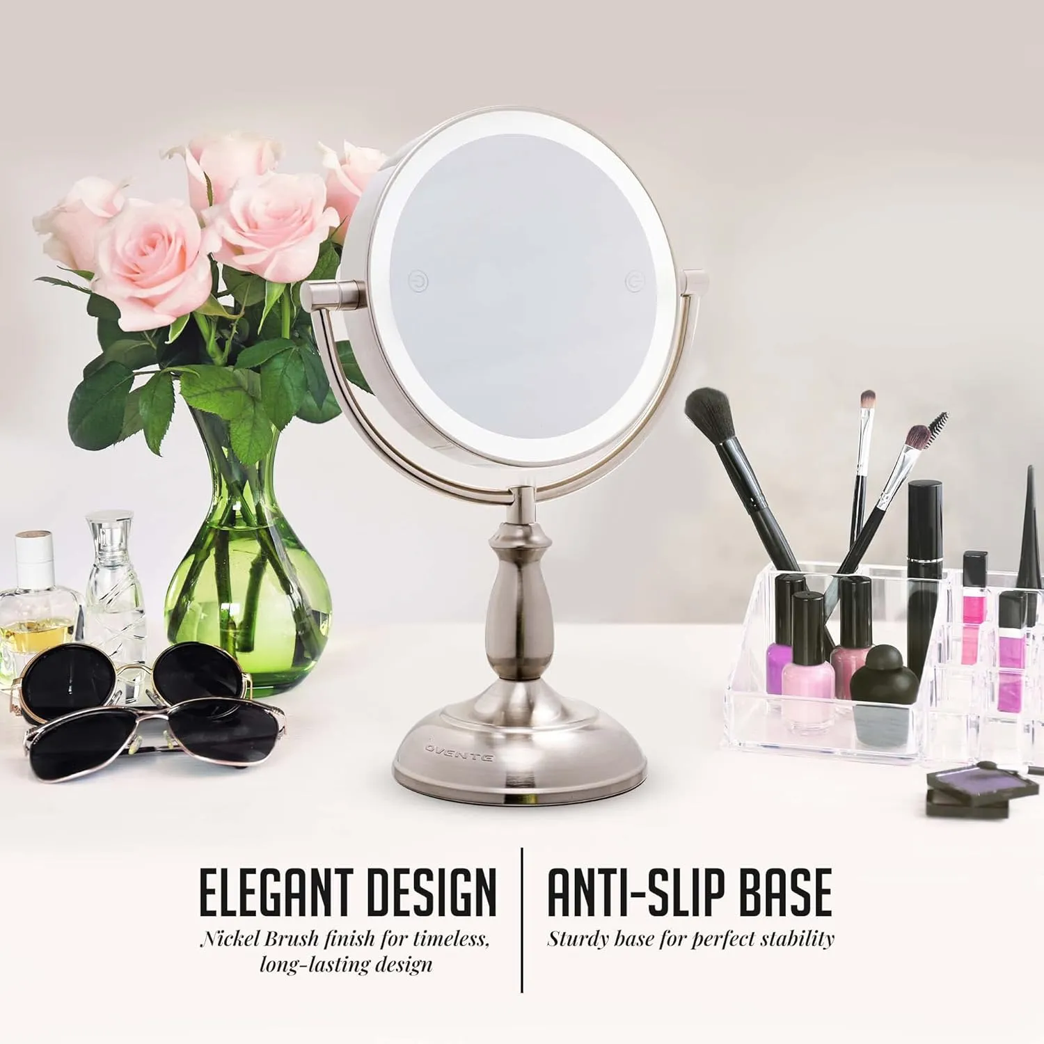 OVENTE 8" Lighted Tabletop Makeup Mirror with 1X/10X Magnification, Double Sided Vanity Mirror, 360° Swivel Design, 3-Tone Smart Touch Glow LED Lights with Auto Shut Off, Nickel Brushed MPT751BR1X10X