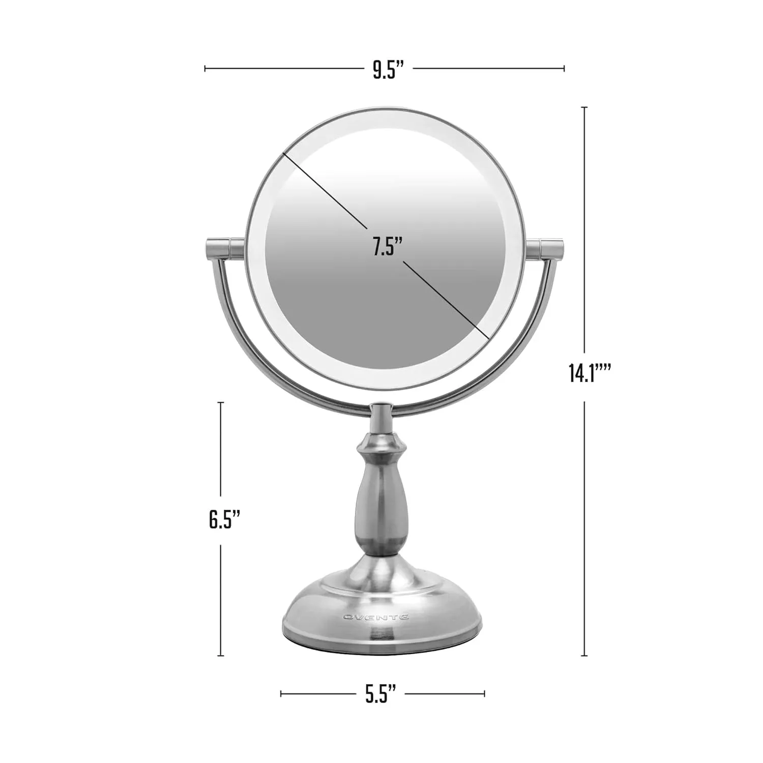 OVENTE 8" Lighted Tabletop Makeup Mirror with 1X/10X Magnification, Double Sided Vanity Mirror, 360° Swivel Design, 3-Tone Smart Touch Glow LED Lights with Auto Shut Off, Nickel Brushed MPT751BR1X10X