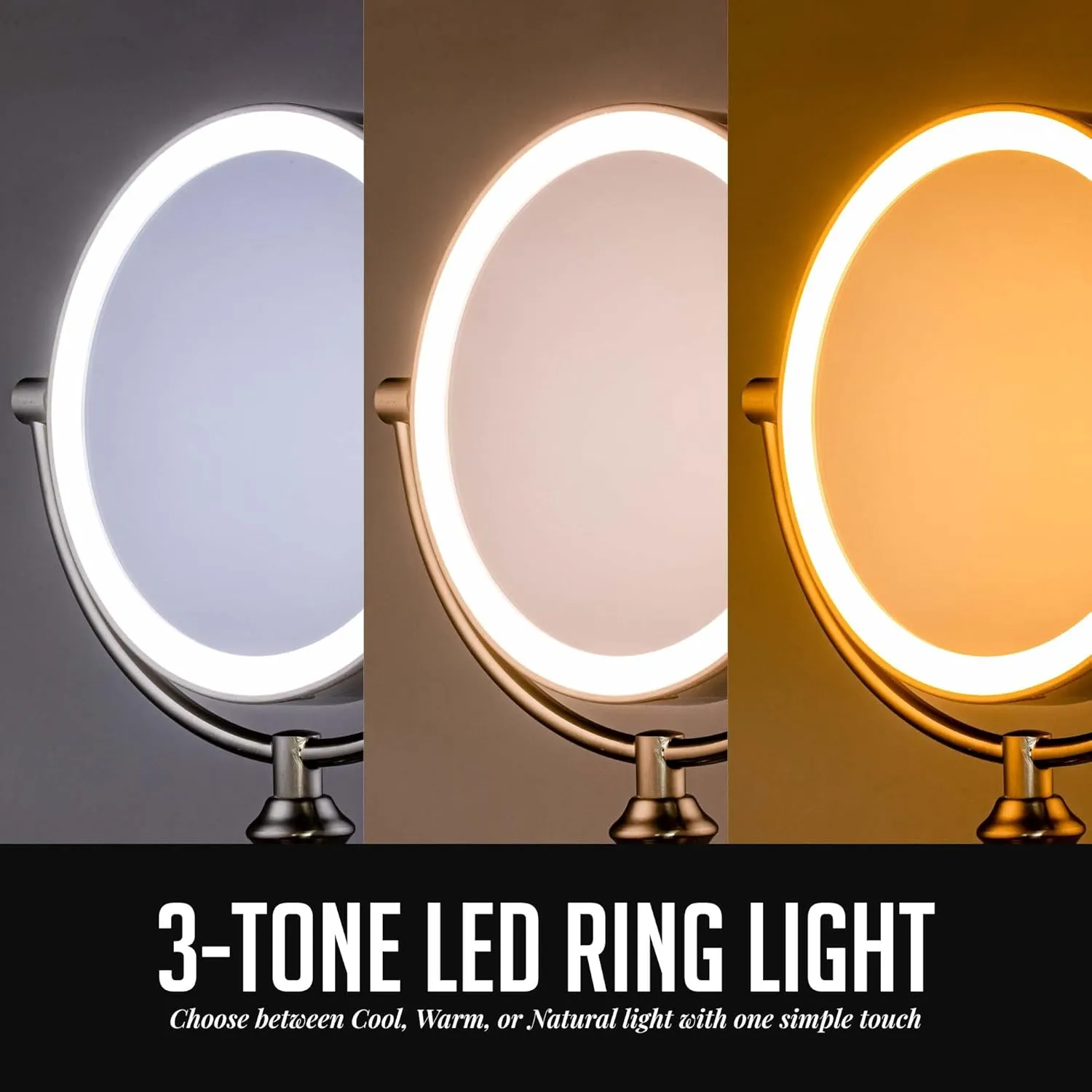 OVENTE 8" Lighted Tabletop Makeup Mirror with 1X/10X Magnification, Double Sided Vanity Mirror, 360° Swivel Design, 3-Tone Smart Touch Glow LED Lights with Auto Shut Off, Nickel Brushed MPT751BR1X10X