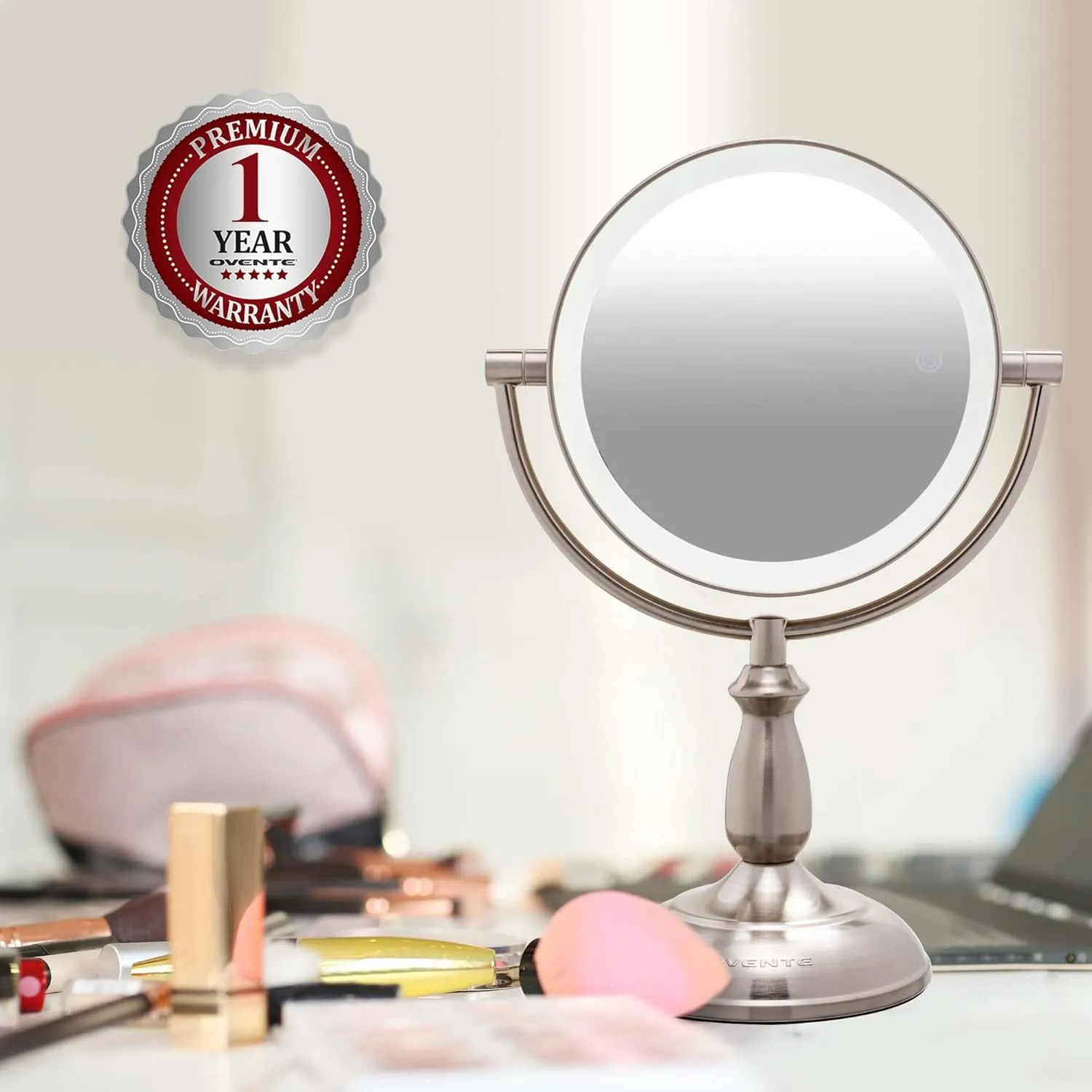 OVENTE 8" Lighted Tabletop Makeup Mirror with 1X/10X Magnification, Double Sided Vanity Mirror, 360° Swivel Design, 3-Tone Smart Touch Glow LED Lights with Auto Shut Off, Nickel Brushed MPT751BR1X10X