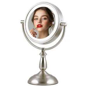 OVENTE 8" Lighted Tabletop Makeup Mirror with 1X/10X Magnification, Double Sided Vanity Mirror, 360° Swivel Design, 3-Tone Smart Touch Glow LED Lights with Auto Shut Off, Nickel Brushed MPT751BR1X10X