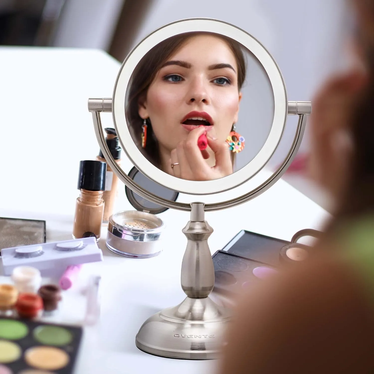 OVENTE 8" Lighted Tabletop Makeup Mirror with 1X/10X Magnification, Double Sided Vanity Mirror, 360° Swivel Design, 3-Tone Smart Touch Glow LED Lights with Auto Shut Off, Nickel Brushed MPT751BR1X10X