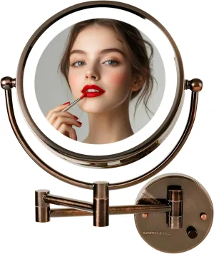 OVENTE 9" Lighted Wall Mount Makeup Mirror with 1X/7X Magnification, Double Sided Magnifying Bathroom Mirror, LED Glow Light, 360° Swivel Design, Extendable Folding Arm, Antique Brass MPWD3185AB1X7X
