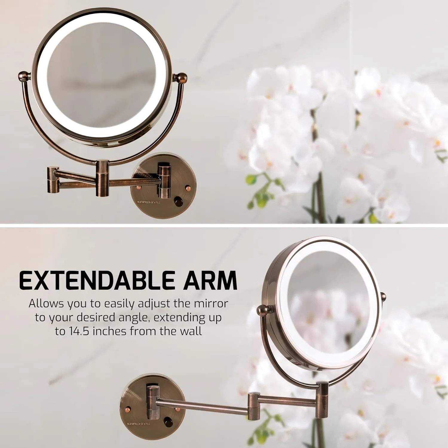 OVENTE 9" Lighted Wall Mount Makeup Mirror with 1X/7X Magnification, Double Sided Magnifying Bathroom Mirror, LED Glow Light, 360° Swivel Design, Extendable Folding Arm, Antique Brass MPWD3185AB1X7X