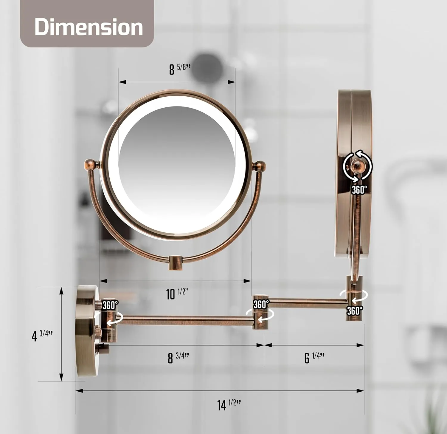 OVENTE 9" Lighted Wall Mount Makeup Mirror with 1X/7X Magnification, Double Sided Magnifying Bathroom Mirror, LED Glow Light, 360° Swivel Design, Extendable Folding Arm, Antique Brass MPWD3185AB1X7X