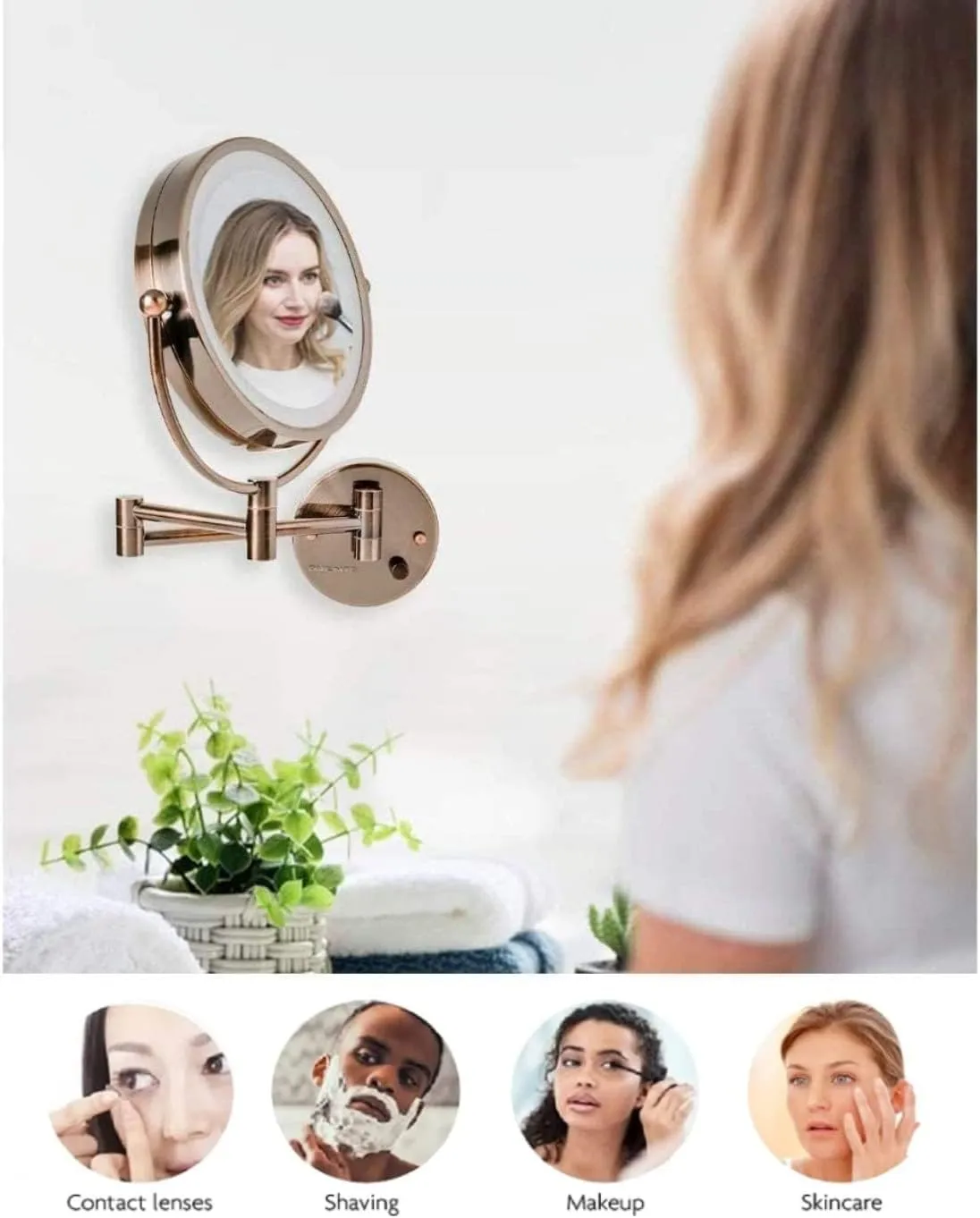 OVENTE 9" Lighted Wall Mount Makeup Mirror with 1X/7X Magnification, Double Sided Magnifying Bathroom Mirror, LED Glow Light, 360° Swivel Design, Extendable Folding Arm, Antique Brass MPWD3185AB1X7X