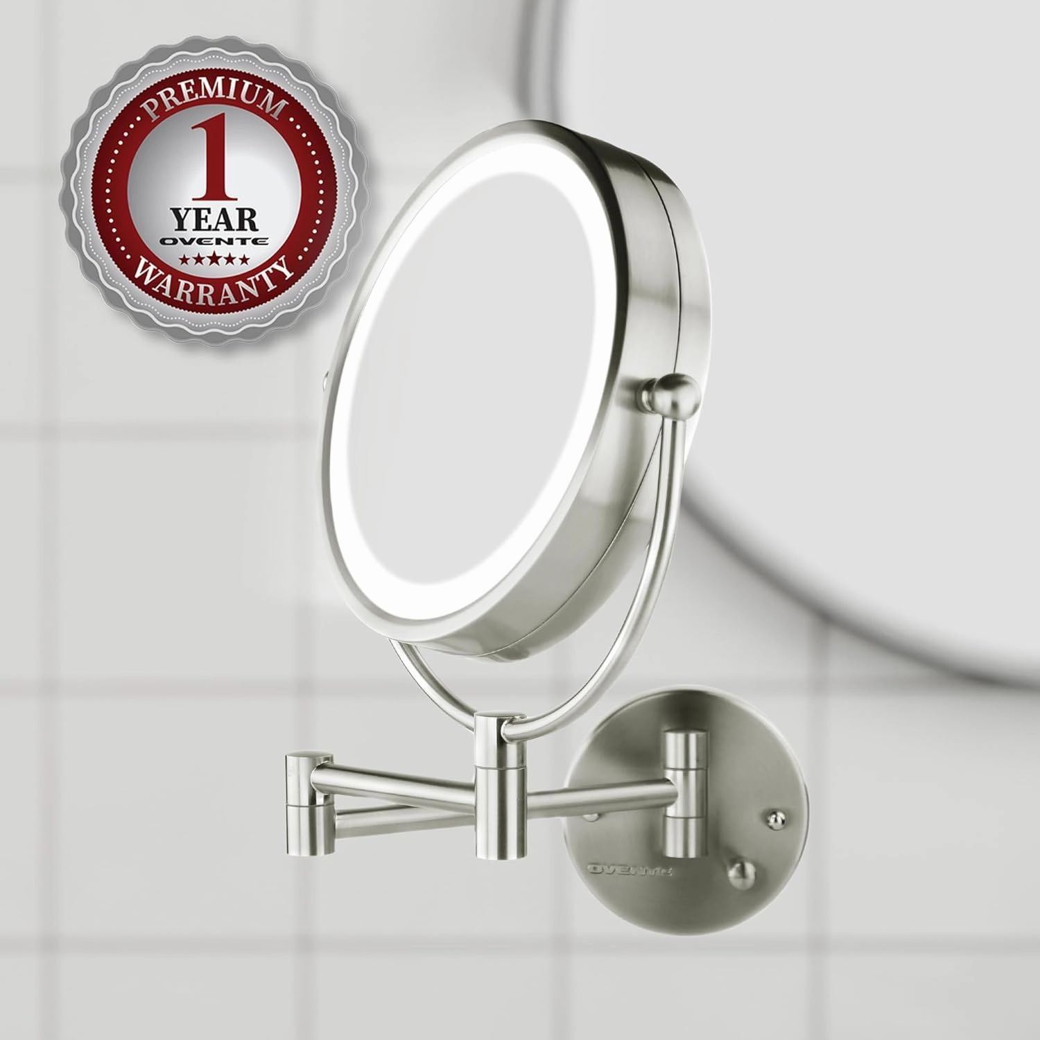 OVENTE 9" Lighted Wall Mount Makeup Mirror with 1X/7X Magnification, Double Sided Magnifying Bathroom Mirror, LED Glow Light, 360° Swivel Design, Extendable Folding Arm, Nickel Brushed MPWD3185BR1X7X
