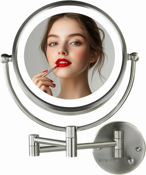 OVENTE 9" Lighted Wall Mount Makeup Mirror with 1X/7X Magnification, Double Sided Magnifying Bathroom Mirror, LED Glow Light, 360° Swivel Design, Extendable Folding Arm, Nickel Brushed MPWD3185BR1X7X