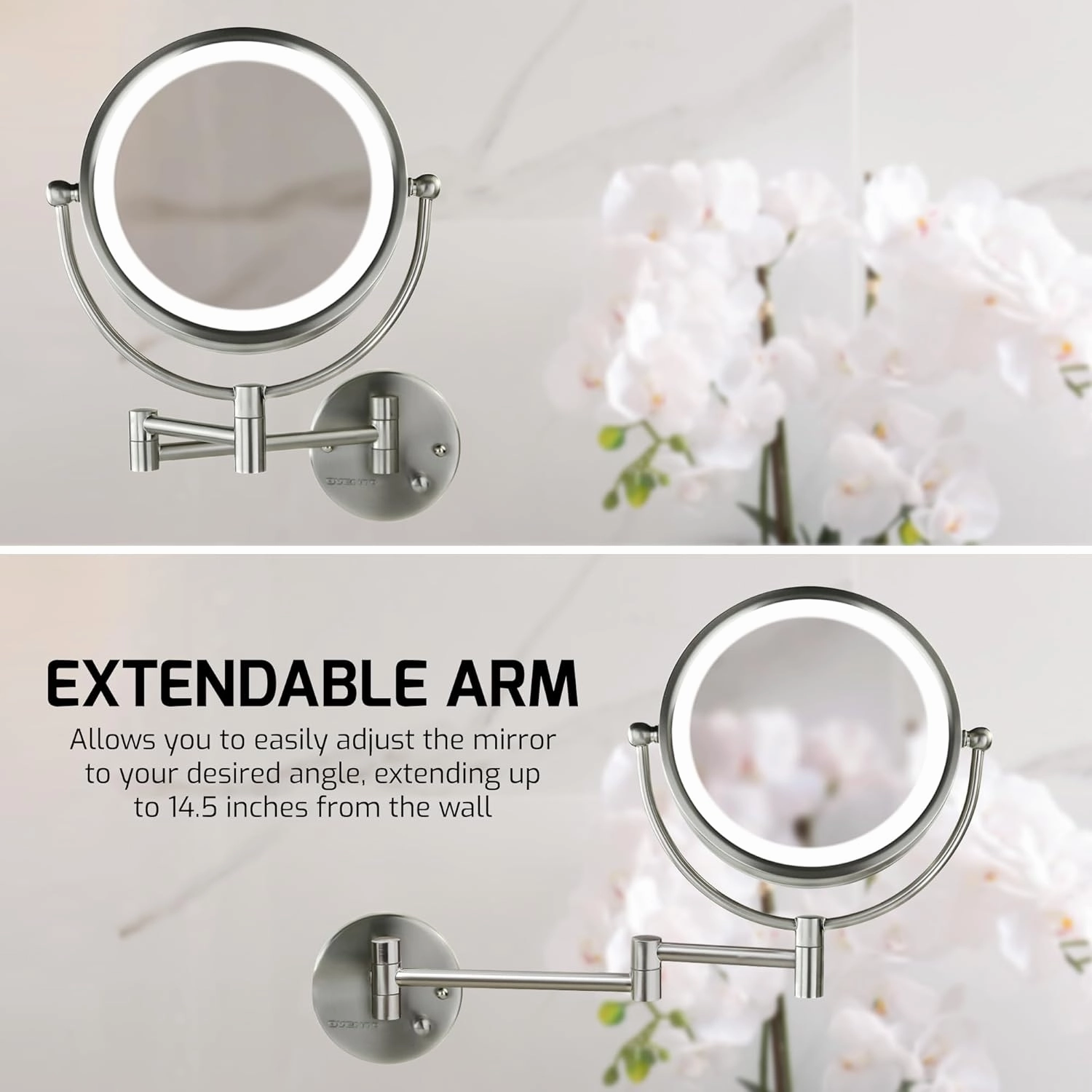 OVENTE 9" Lighted Wall Mount Makeup Mirror with 1X/7X Magnification, Double Sided Magnifying Bathroom Mirror, LED Glow Light, 360° Swivel Design, Extendable Folding Arm, Nickel Brushed MPWD3185BR1X7X