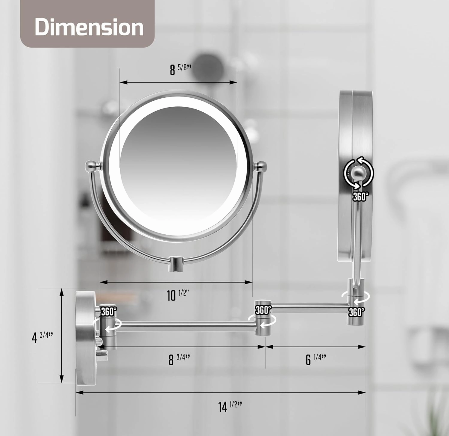 OVENTE 9" Lighted Wall Mount Makeup Mirror with 1X/7X Magnification, Double Sided Magnifying Bathroom Mirror, LED Glow Light, 360° Swivel Design, Extendable Folding Arm, Nickel Brushed MPWD3185BR1X7X