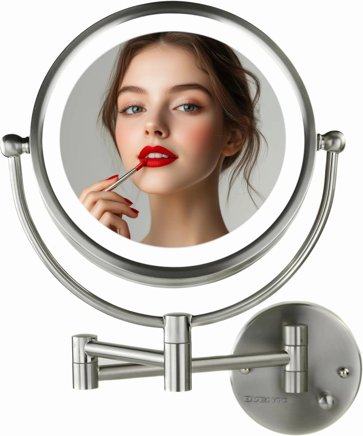 OVENTE 9" Lighted Wall Mount Makeup Mirror with 1X/7X Magnification, Double Sided Magnifying Bathroom Mirror, LED Glow Light, 360° Swivel Design, Extendable Folding Arm, Nickel Brushed MPWD3185BR1X7X