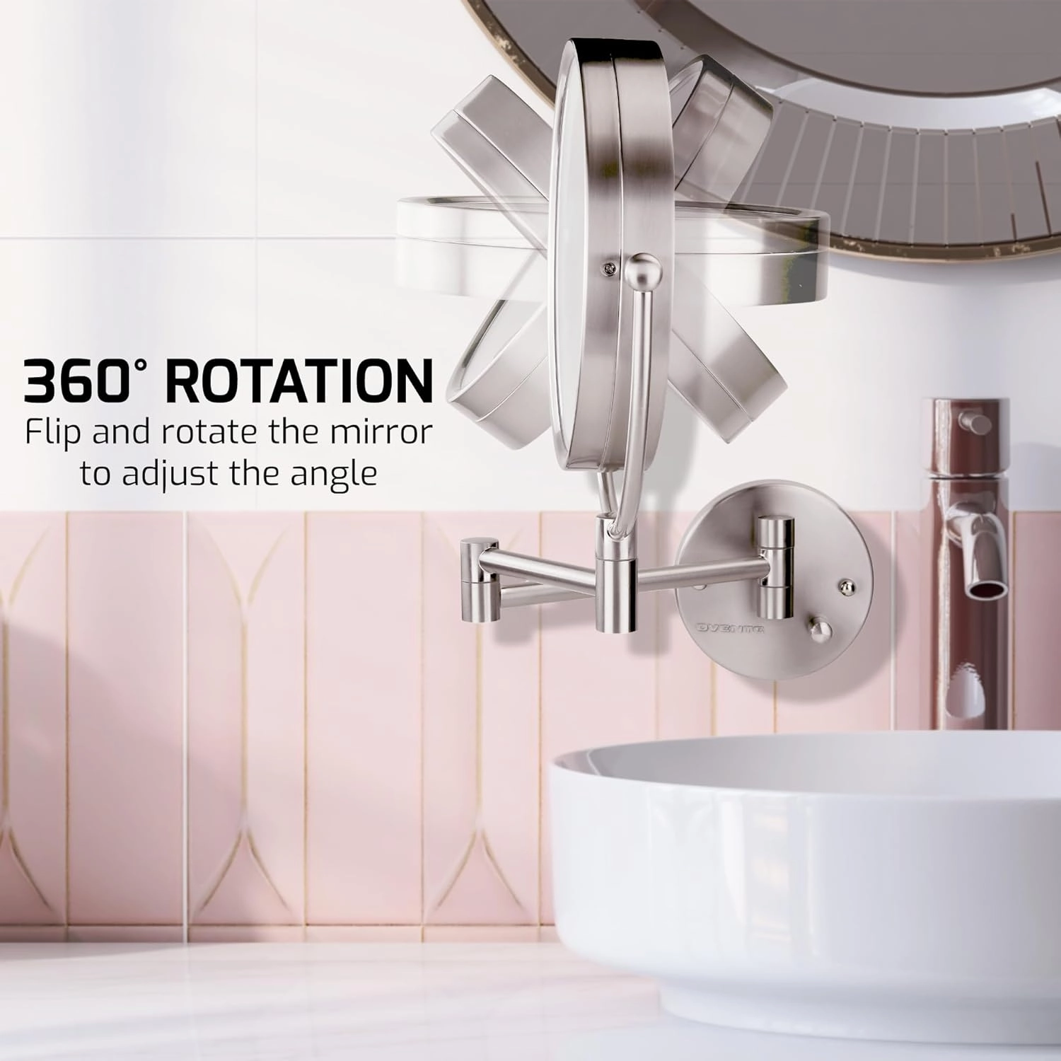 OVENTE 9" Lighted Wall Mount Makeup Mirror with 1X/7X Magnification, Double Sided Magnifying Bathroom Mirror, LED Glow Light, 360° Swivel Design, Extendable Folding Arm, Nickel Brushed MPWD3185BR1X7X