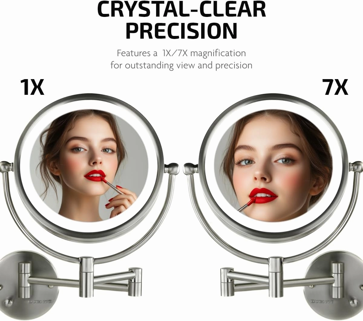 OVENTE 9" Lighted Wall Mount Makeup Mirror with 1X/7X Magnification, Double Sided Magnifying Bathroom Mirror, LED Glow Light, 360° Swivel Design, Extendable Folding Arm, Nickel Brushed MPWD3185BR1X7X