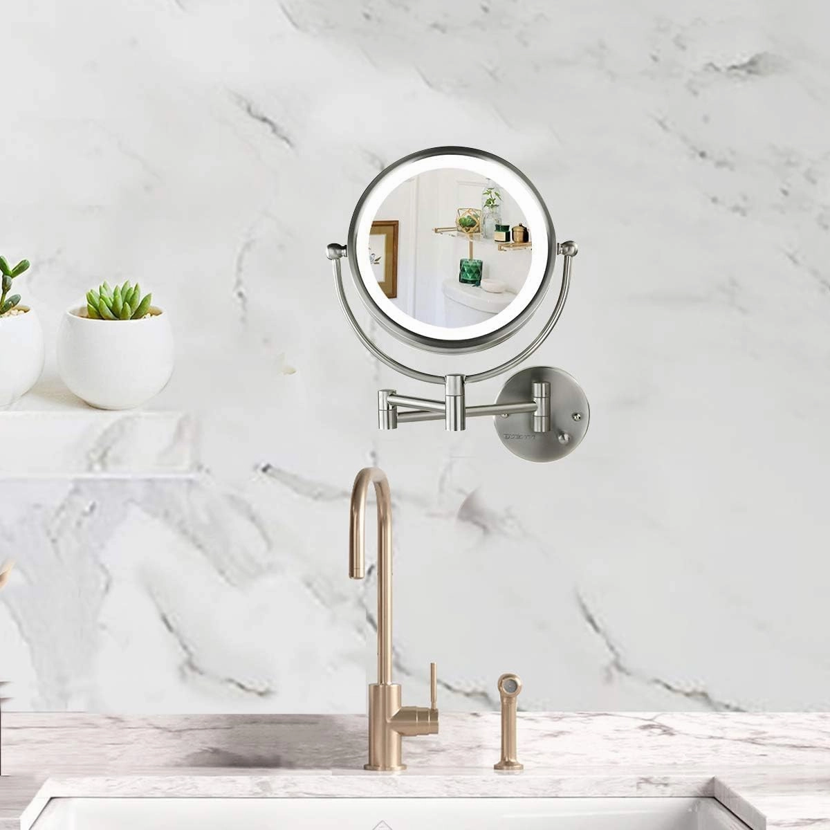 OVENTE 9" Lighted Wall Mount Makeup Mirror with 1X/7X Magnification, Double Sided Magnifying Bathroom Mirror, LED Glow Light, 360° Swivel Design, Extendable Folding Arm, Nickel Brushed MPWD3185BR1X7X