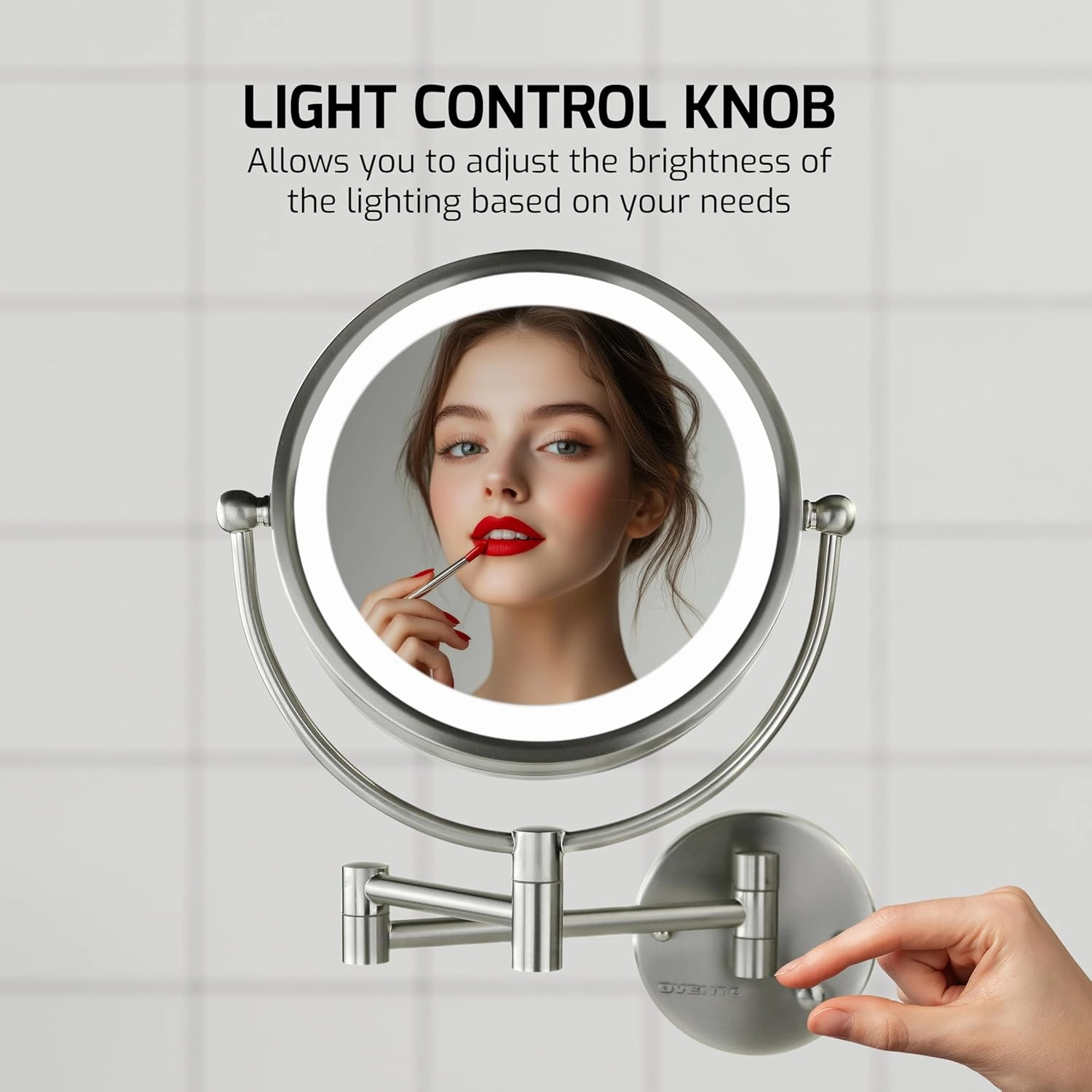 OVENTE 9" Lighted Wall Mount Makeup Mirror with 1X/7X Magnification, Double Sided Magnifying Bathroom Mirror, LED Glow Light, 360° Swivel Design, Extendable Folding Arm, Nickel Brushed MPWD3185BR1X7X