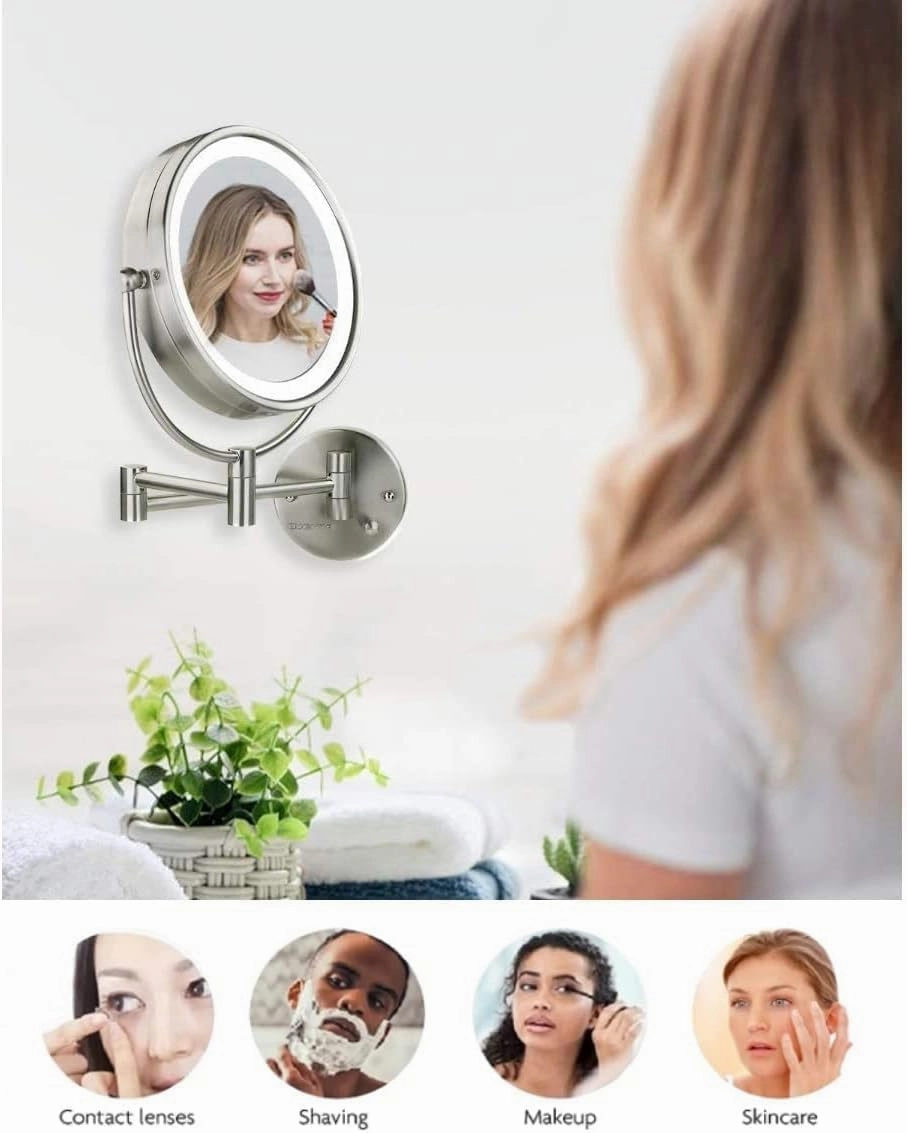 OVENTE 9" Lighted Wall Mount Makeup Mirror with 1X/7X Magnification, Double Sided Magnifying Bathroom Mirror, LED Glow Light, 360° Swivel Design, Extendable Folding Arm, Nickel Brushed MPWD3185BR1X7X