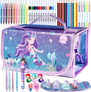 Pasimy Mermaid Art Craft Kit for Coloring Set, Washable Markers Set with Mermaid Pencil Case, Crayons, Pencils, Glitter Pens, Drawing Set Art Supplies Kit Birthday Gifts for 3-12 Years