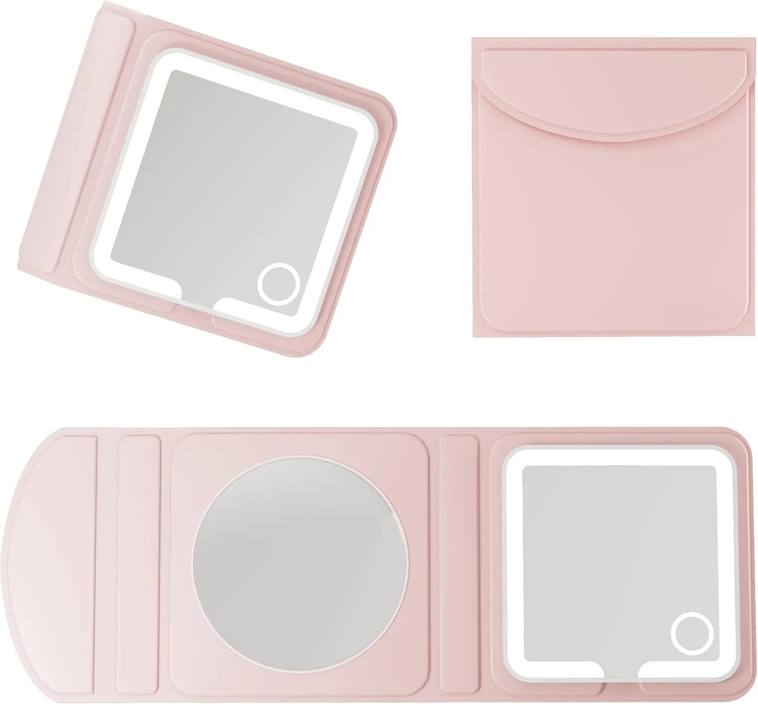 Pink PU Leather LED Travel Makeup Mirror – 1X/5X/10X Magnifying Tri-Fold Pocket Mirror, Compact Lighted Handheld Mirror for Purse & Travel, Small Lighted Mirror for Gift (Pink Dual-Fold)