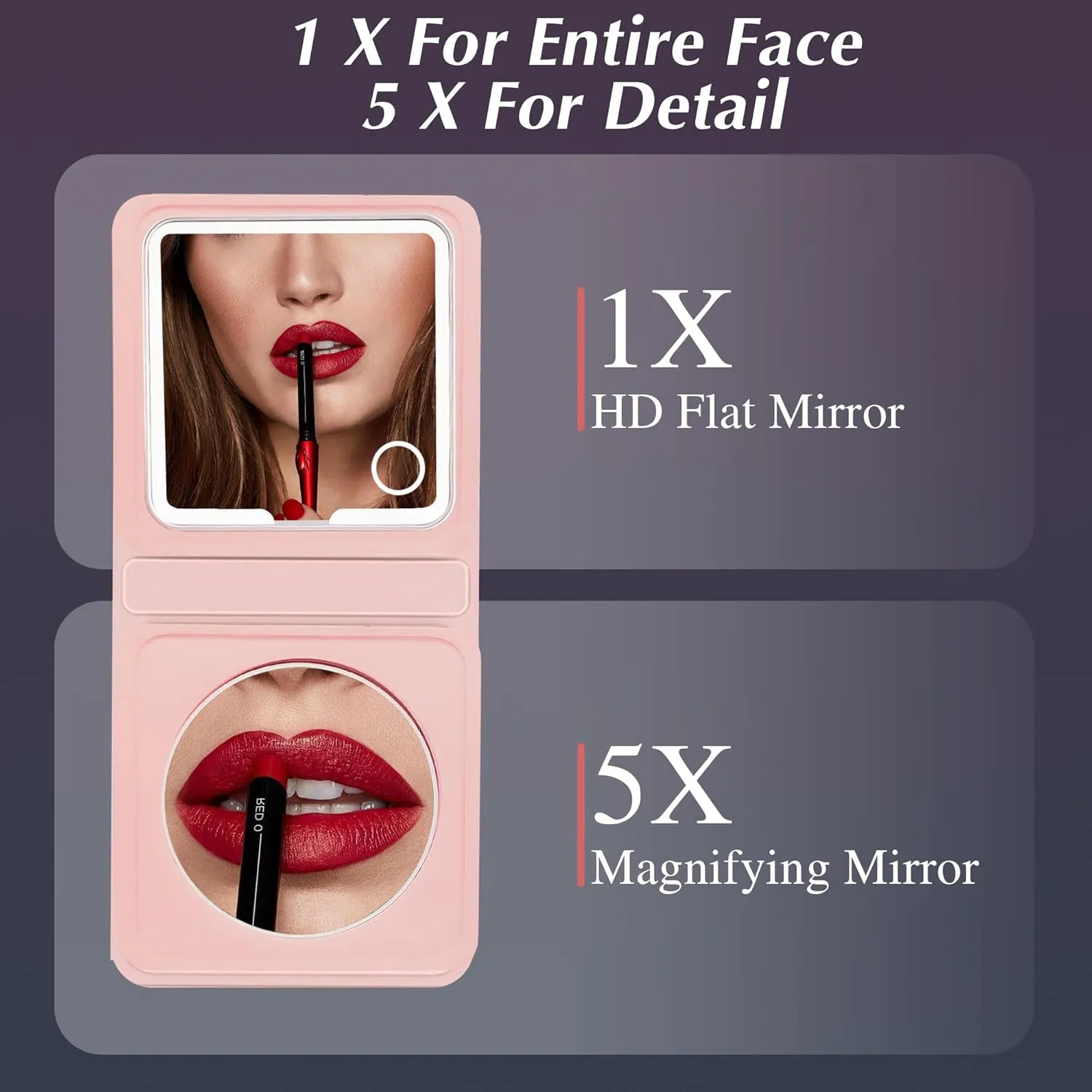 Pink PU Leather LED Travel Makeup Mirror – 1X/5X/10X Magnifying Tri-Fold Pocket Mirror, Compact Lighted Handheld Mirror for Purse & Travel, Small Lighted Mirror for Gift (Pink Dual-Fold)
