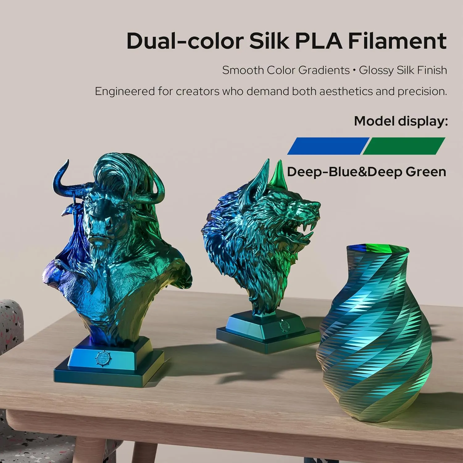 PLA Silk Dual-Color Coextrusion Filament 1.75mm | Deep Sea Blue-Emerald Green Gradient, ±0.02mm, Low Warping | Ender 3/V2/Pro, Cosplay, Aquarium Decor | Fast Cooling 1kg Spool (2.2lbs)