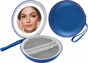 Portable Compact Mirror with Lights,PU Leather Travel Makeup Mirror Built-in Storage Bag,3-Color Temperature & Adjustable Brightness Compact Cosmetic Mirror for Travel(Blue)