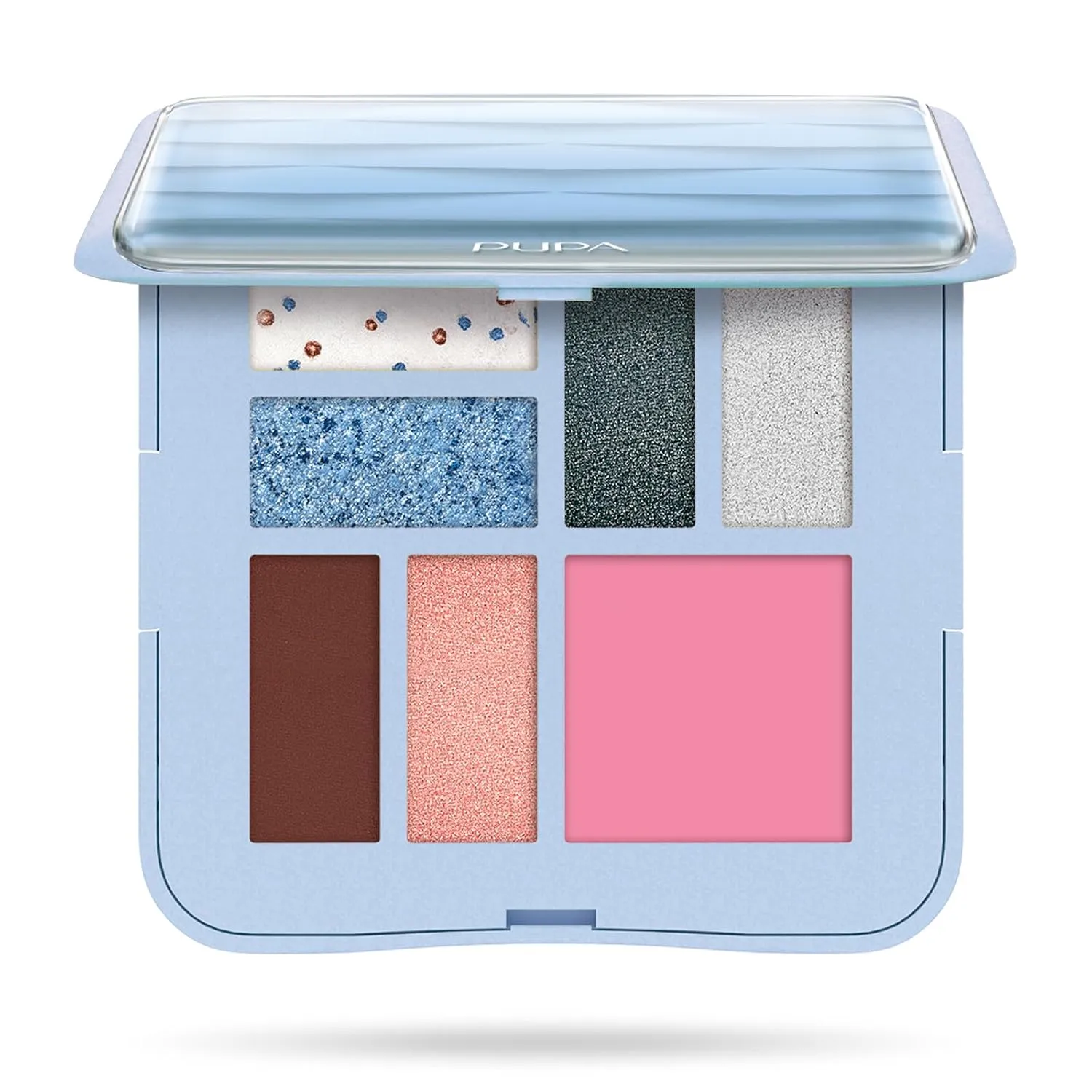 Pupa Milano Make-Up Palette S, 002 Light Blue, 0.28 oz - 7 Pan Eyeshadow Palette and Blush Palette with Matte, Shimmer Finish - Blendable Velvety Texture - Compact Travel-Friendly - Talc-Free Makeup
