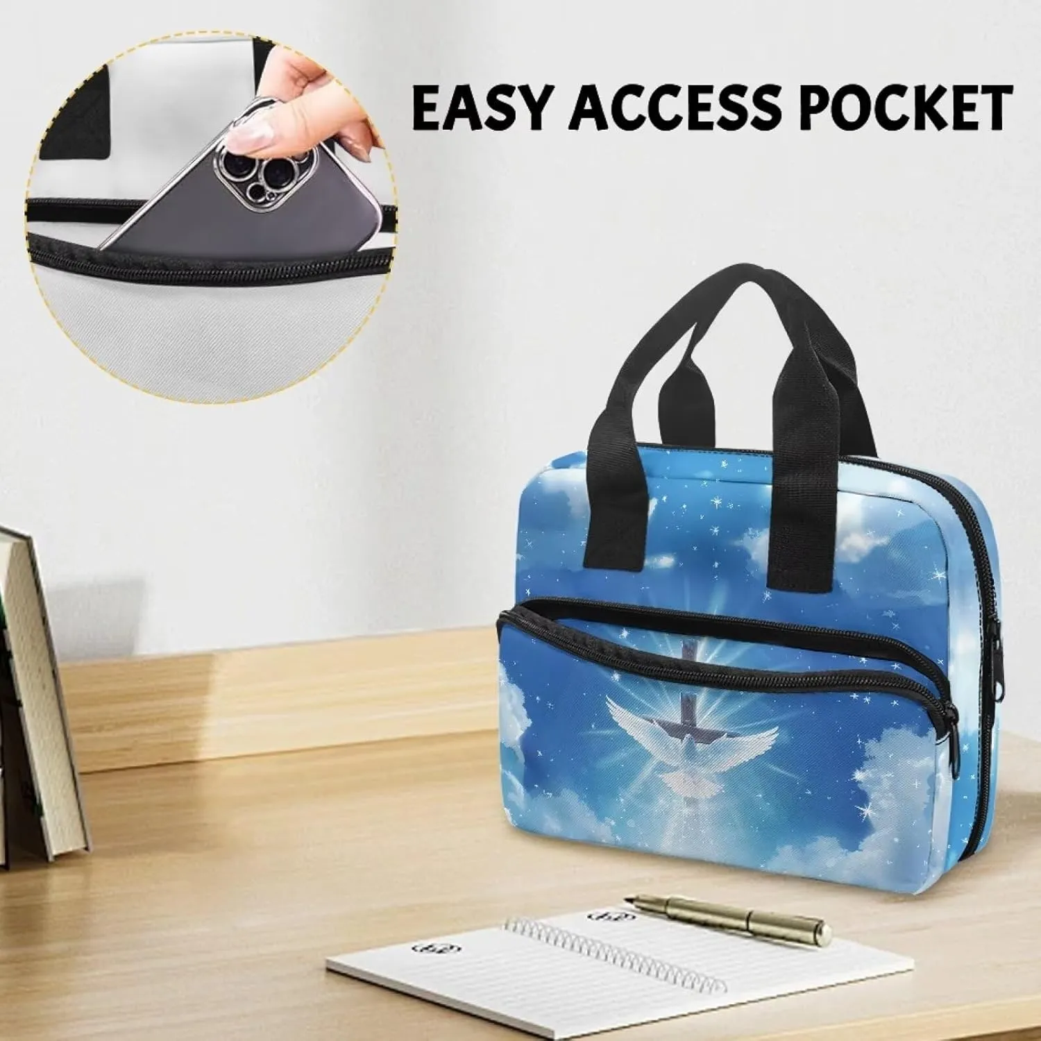 Rchsmod Pigeon Cross Glitter Print Bible Cover for Women Men Portable Bible Bag with Handle, Bible Case Bible Holder Zippered Bible Carrier Church Bag Handbag