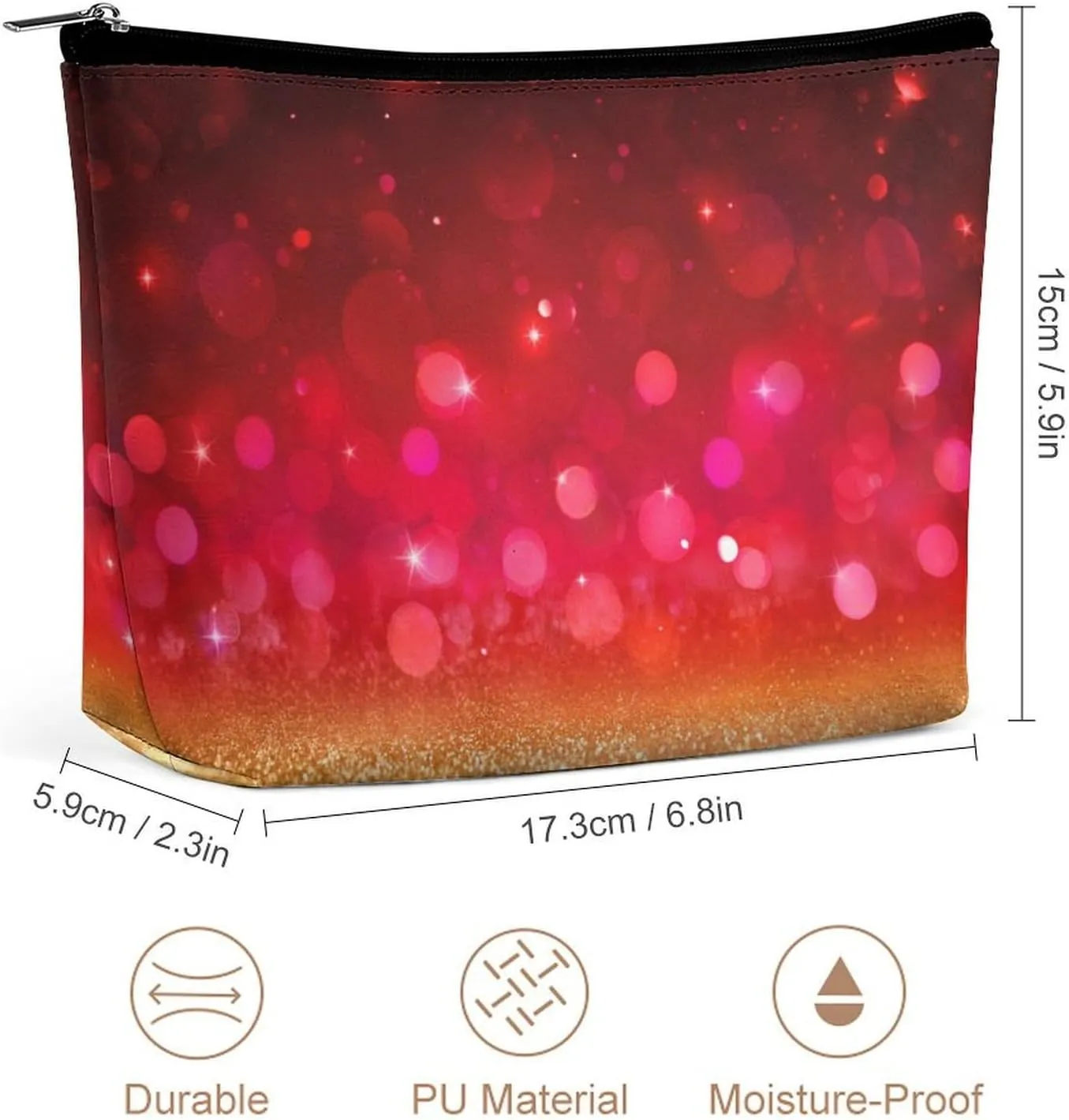 Red Travel Makeup Bag with Zipper, Glitter Red Golden Galaxy Leather Makeup pouch Toiletry Bag,Portable Cosmetic Bag,Waterproof Toiletry Bag for Women